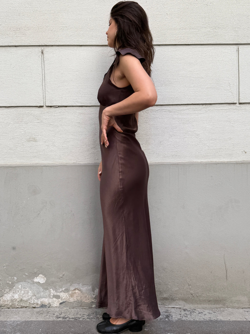 100% Viscose Brown Satin Black Lace Trim Slip Dress S