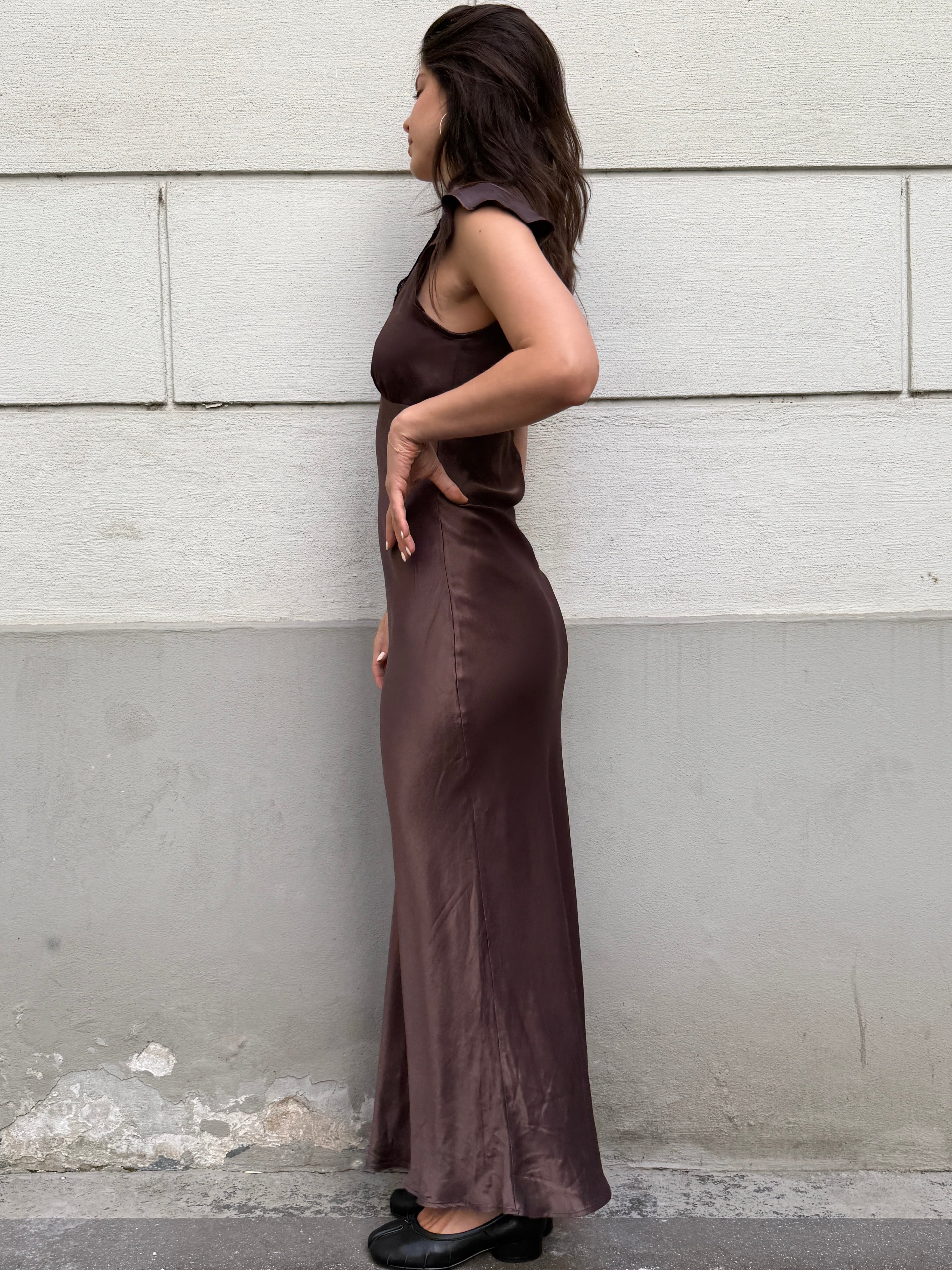 100% Viscose Brown Satin Black Lace Trim Slip Dress S