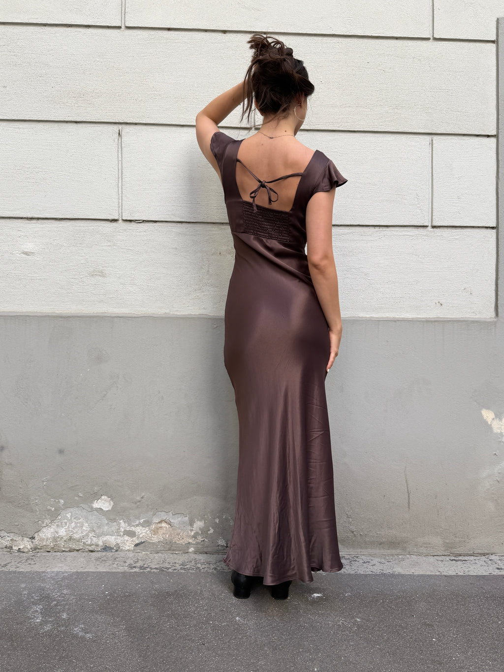 100% Viscose Brown Satin Black Lace Trim Slip Dress S