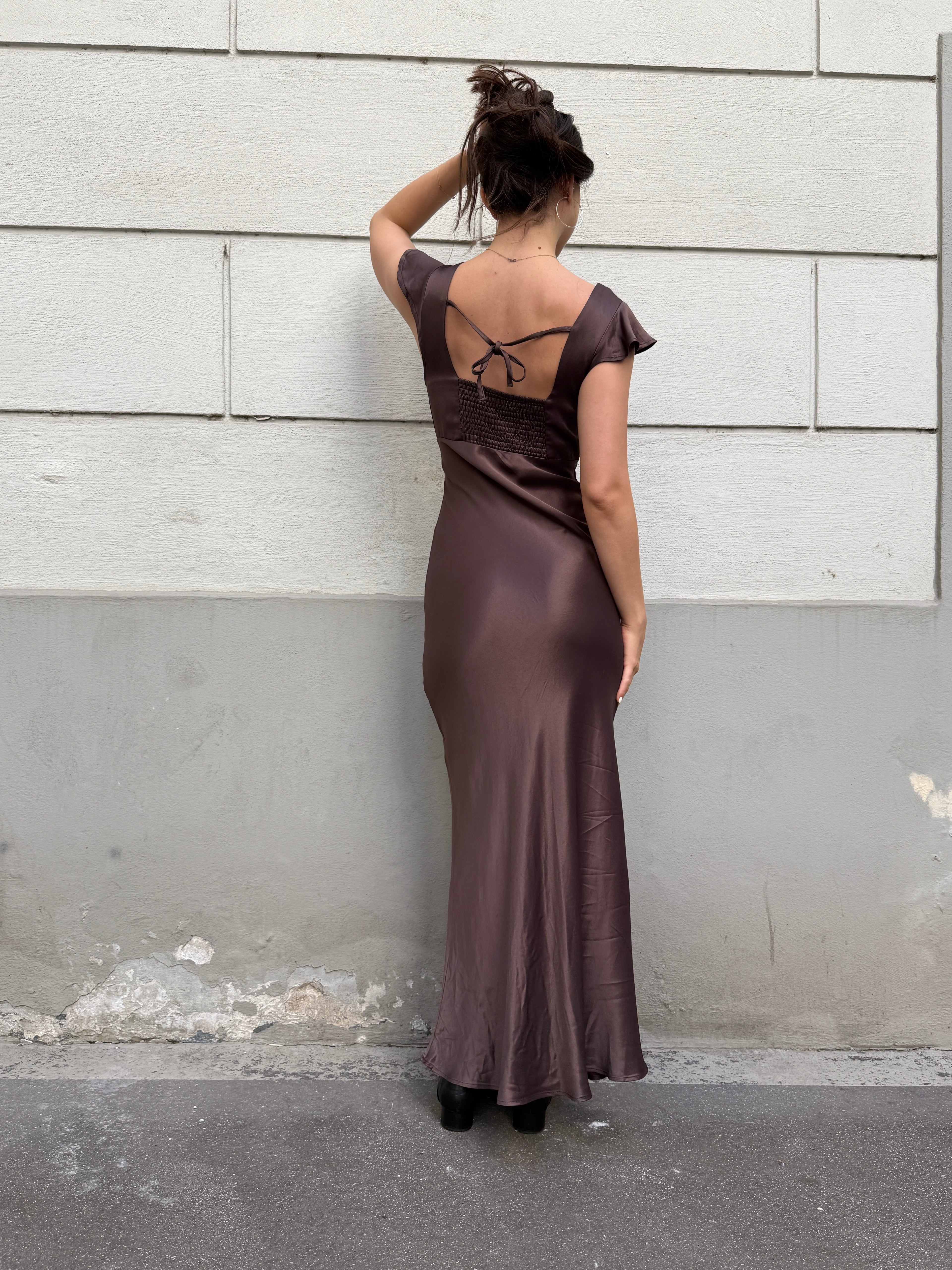 100% Viscose Brown Satin Black Lace Trim Slip Dress S