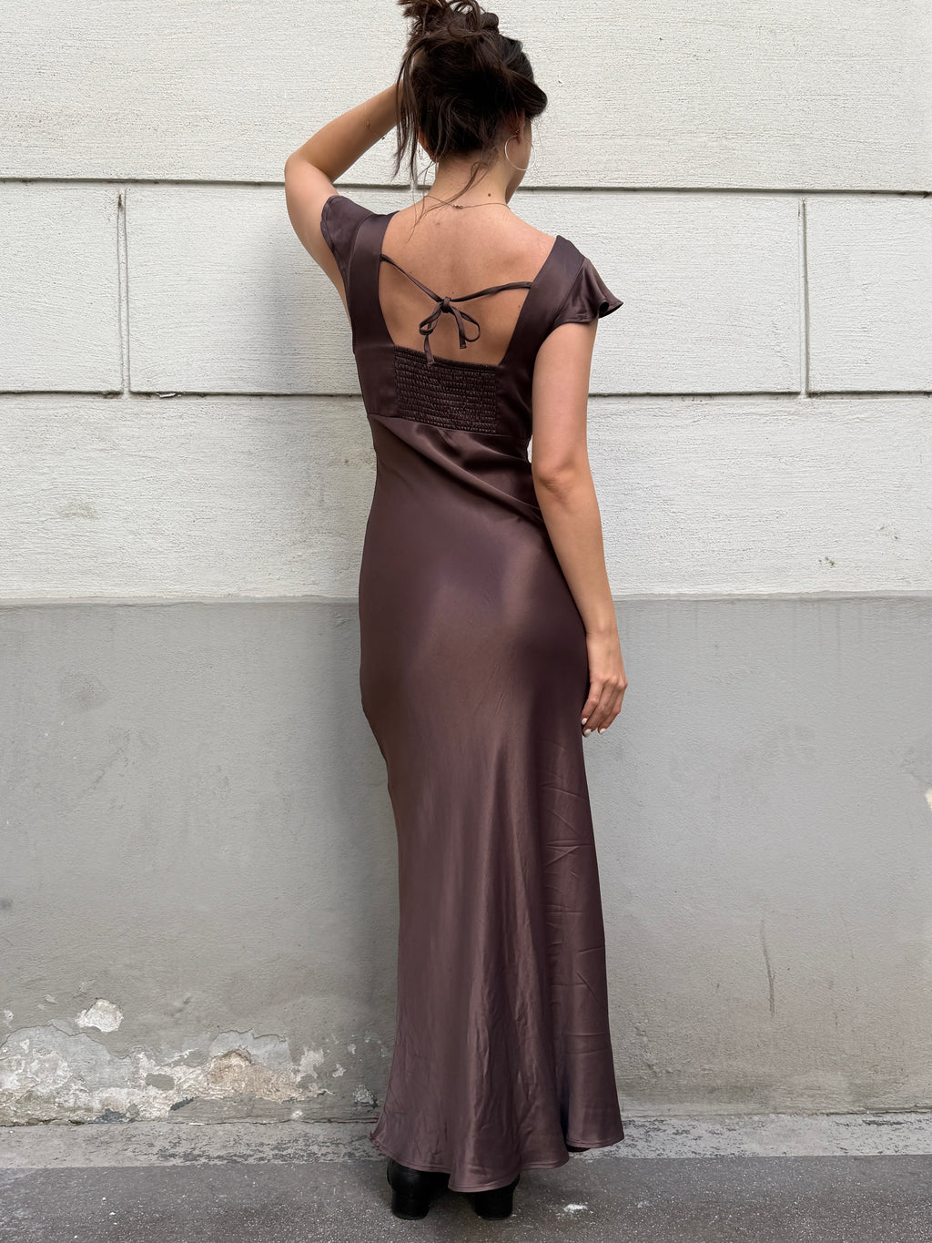 100% Viscose Brown Satin Black Lace Trim Slip Dress S