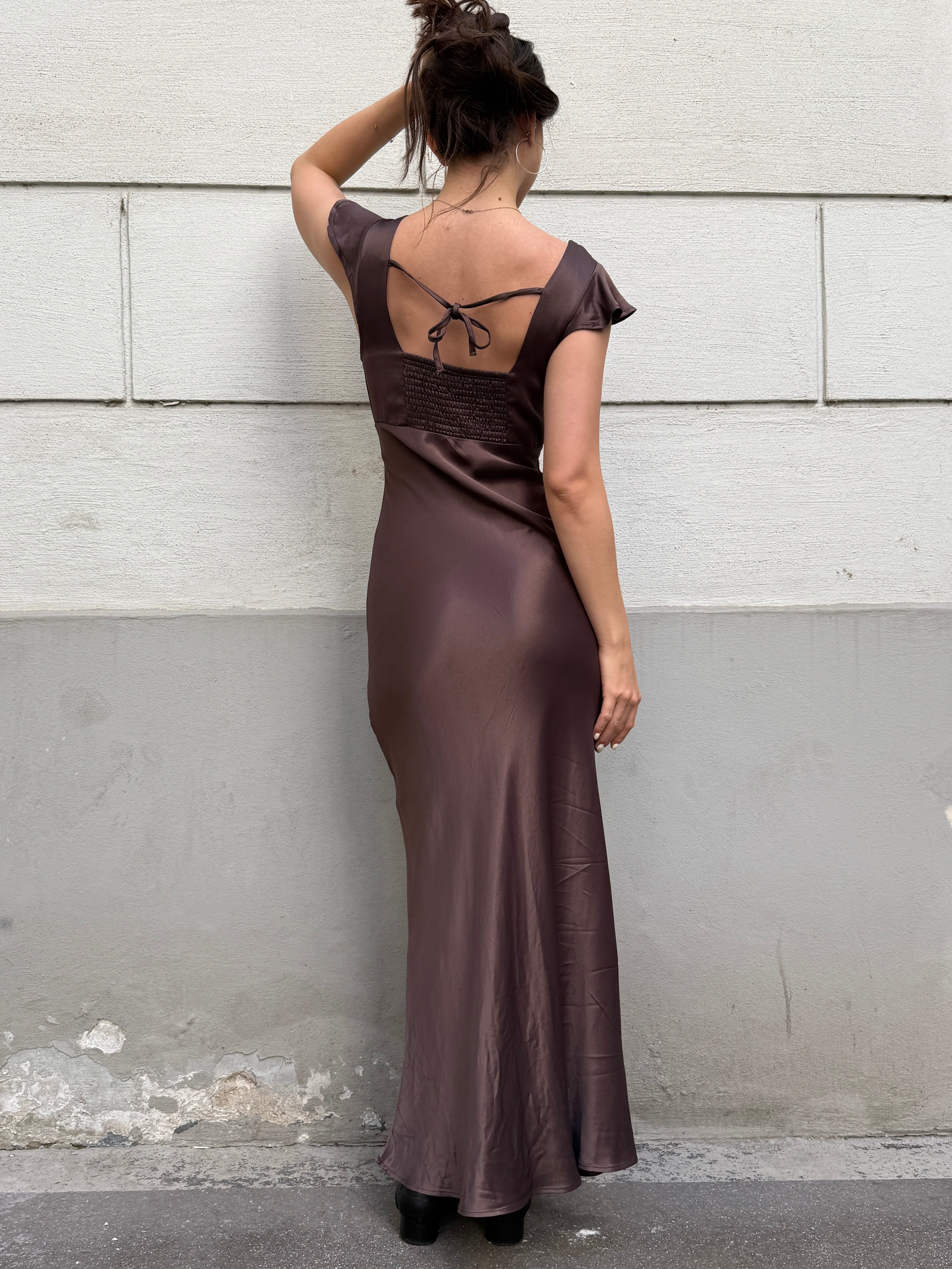 100% Viscose Brown Satin Black Lace Trim Slip Dress S