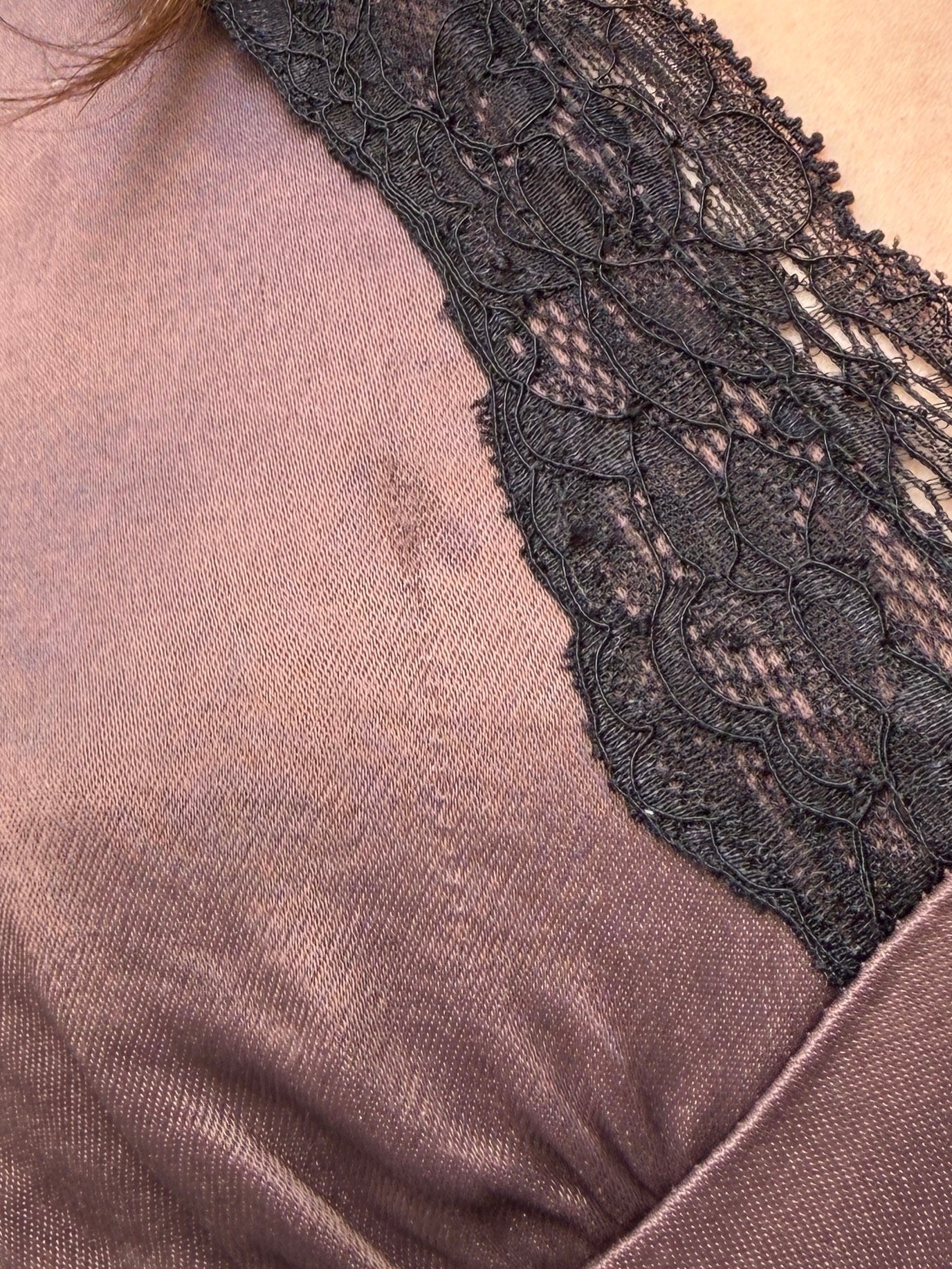 100% Viscose Brown Satin Black Lace Trim Slip Dress S
