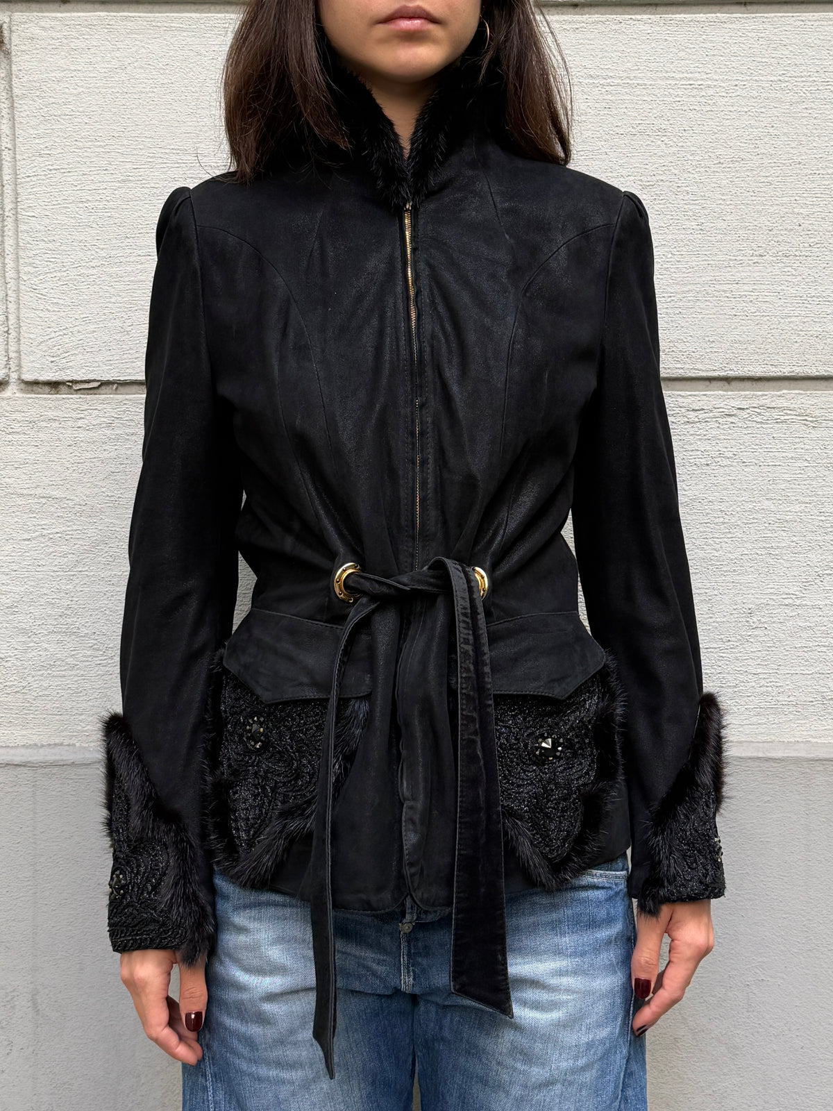 Vintage 100% Genuine Suede Leather & Mink Fur Trim Jacket S/M