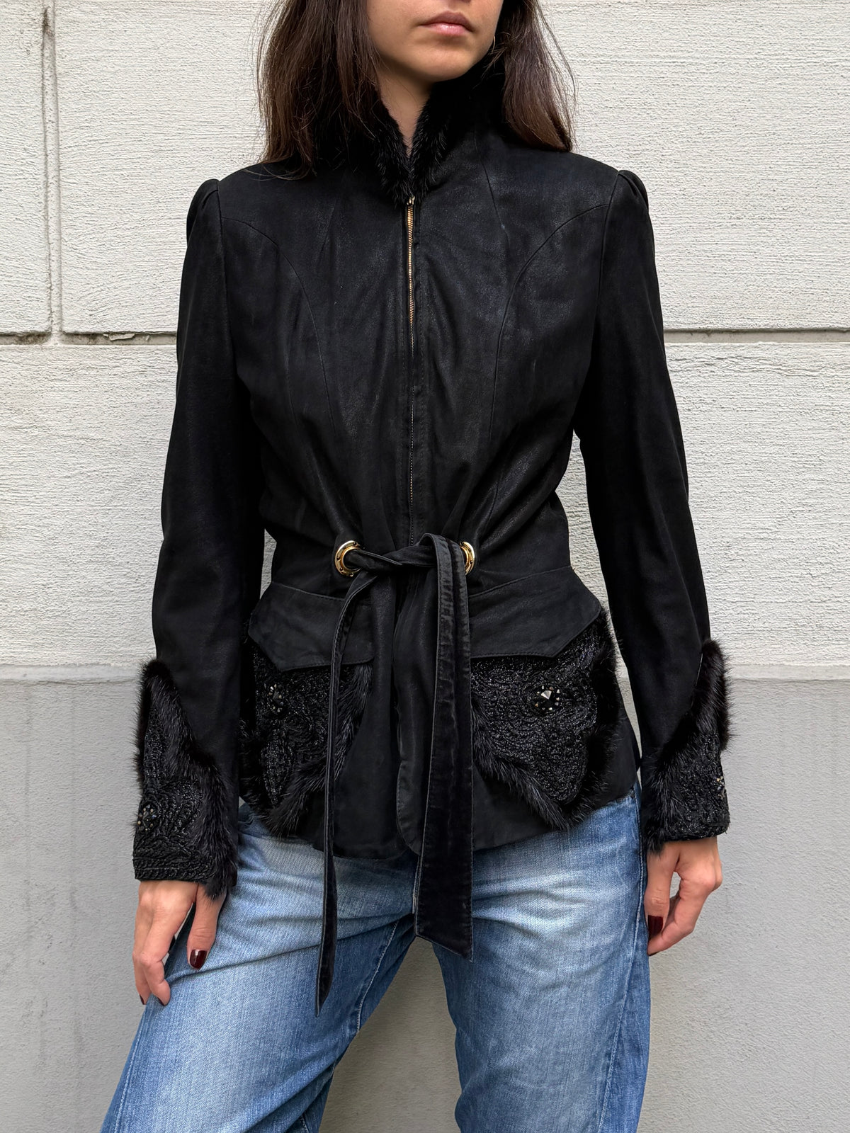 Vintage 100% Genuine Suede Leather & Mink Fur Trim Jacket S/M