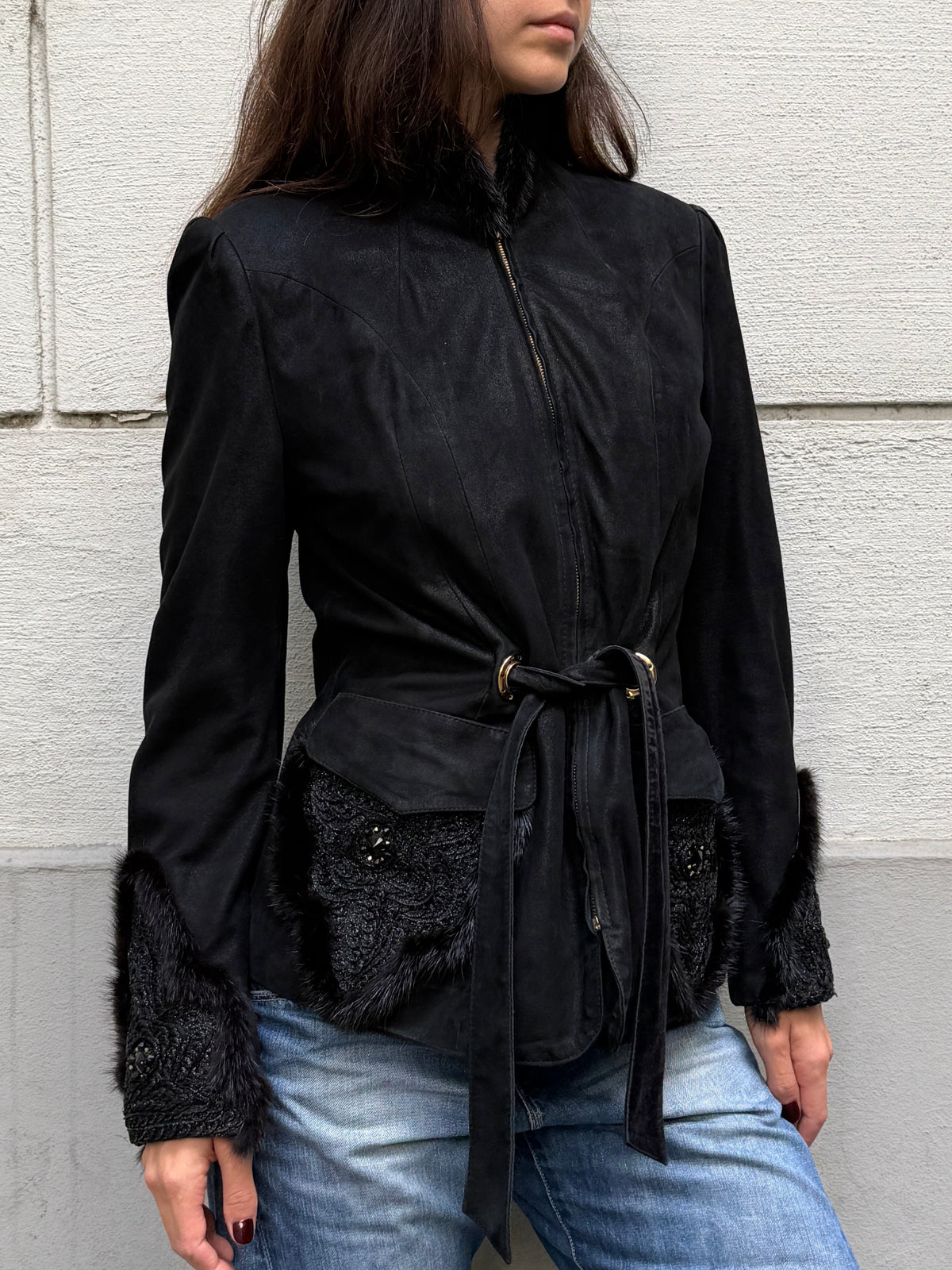 Vintage 100% Genuine Suede Leather & Mink Fur Trim Jacket S/M