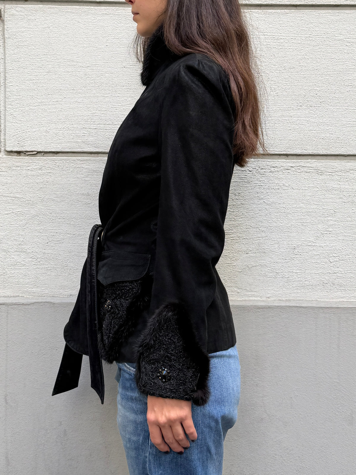 Vintage 100% Genuine Suede Leather & Mink Fur Trim Jacket S/M