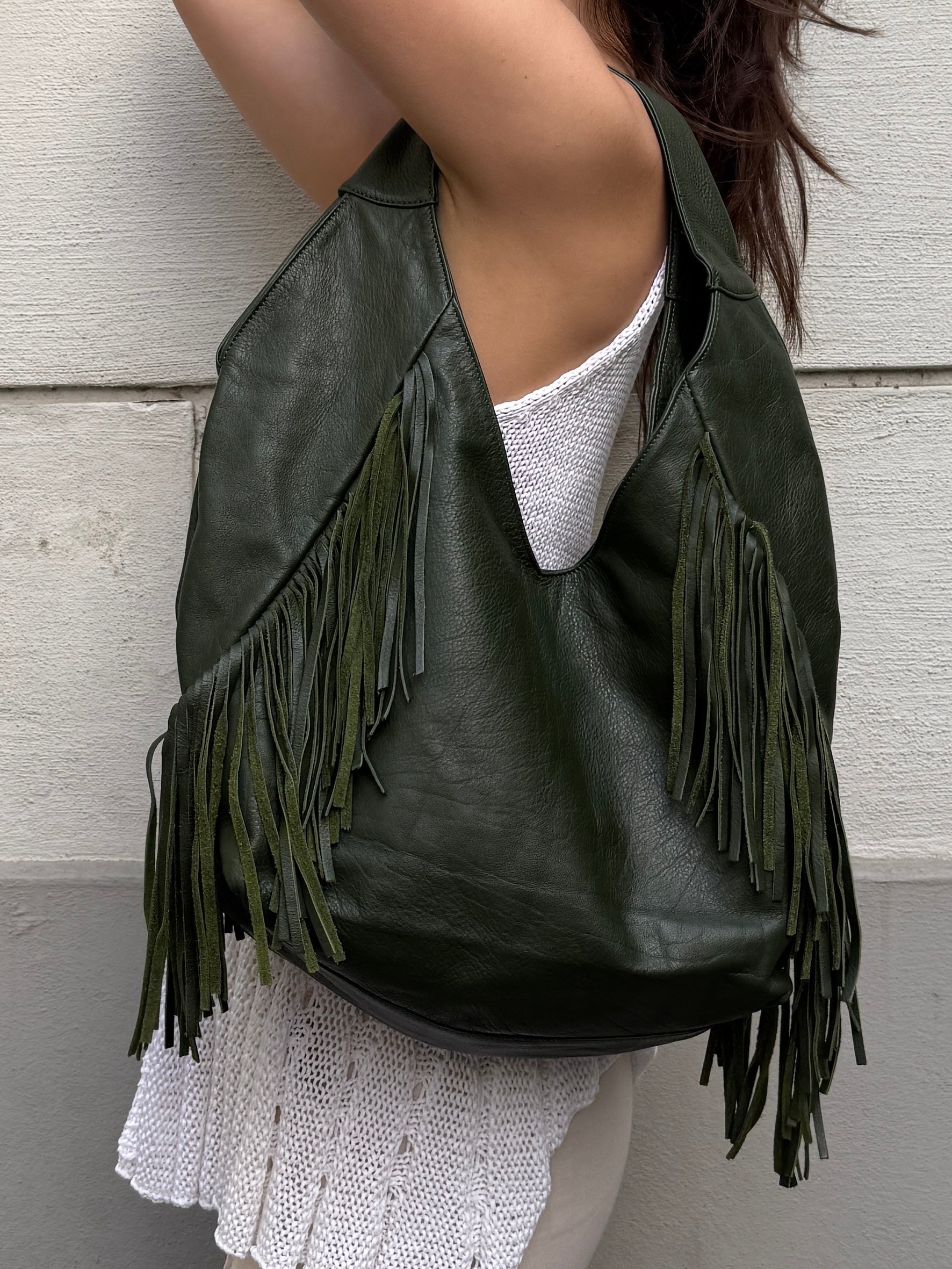 Vintage Dark Green 100% Genuine Leather Fringe Bag