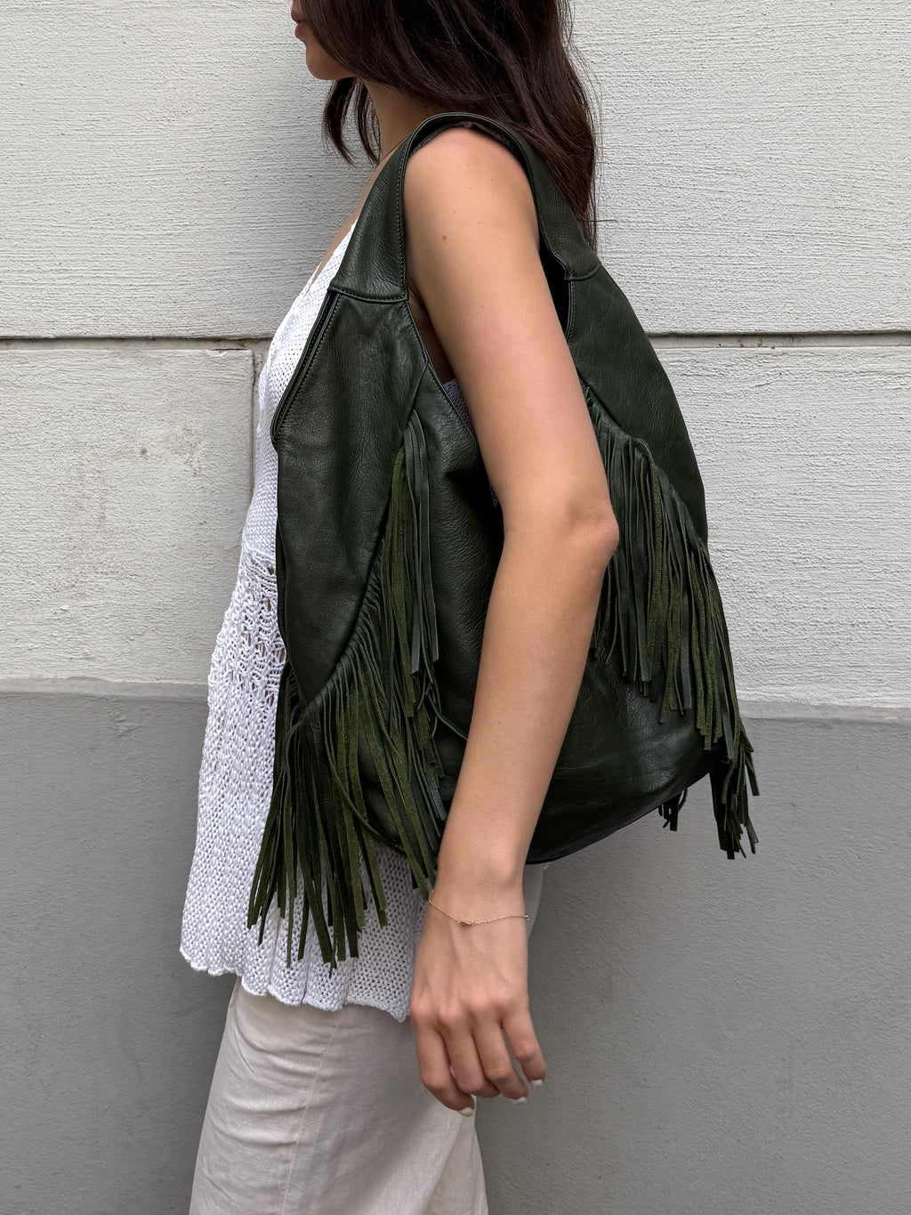 Vintage Dark Green 100% Genuine Leather Fringe Bag