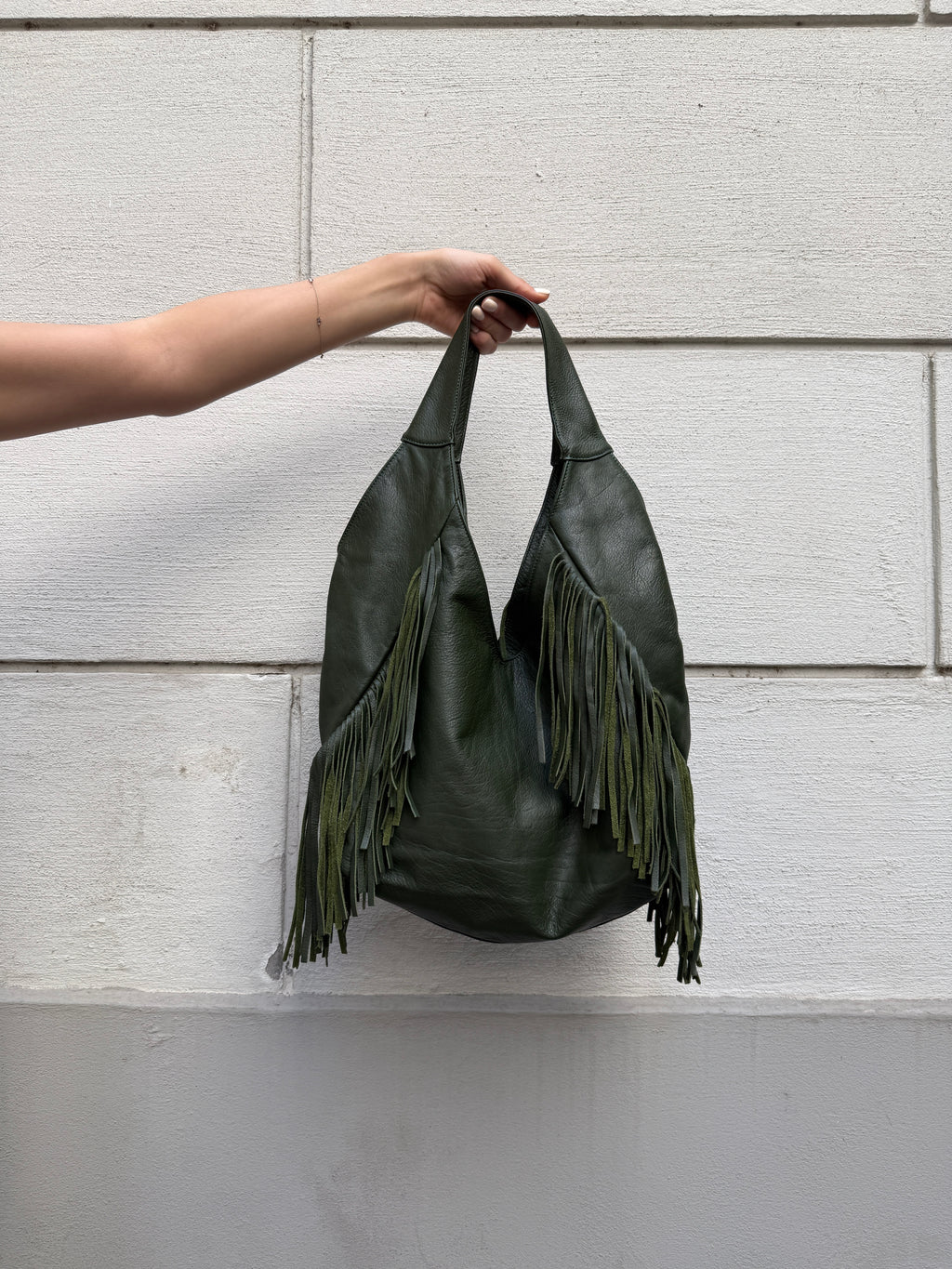 Vintage Dark Green 100% Genuine Leather Fringe Bag