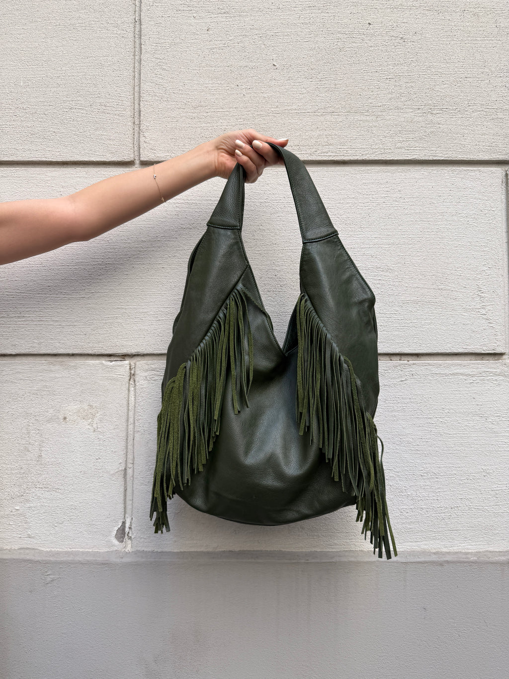 Vintage Dark Green 100% Genuine Leather Fringe Bag