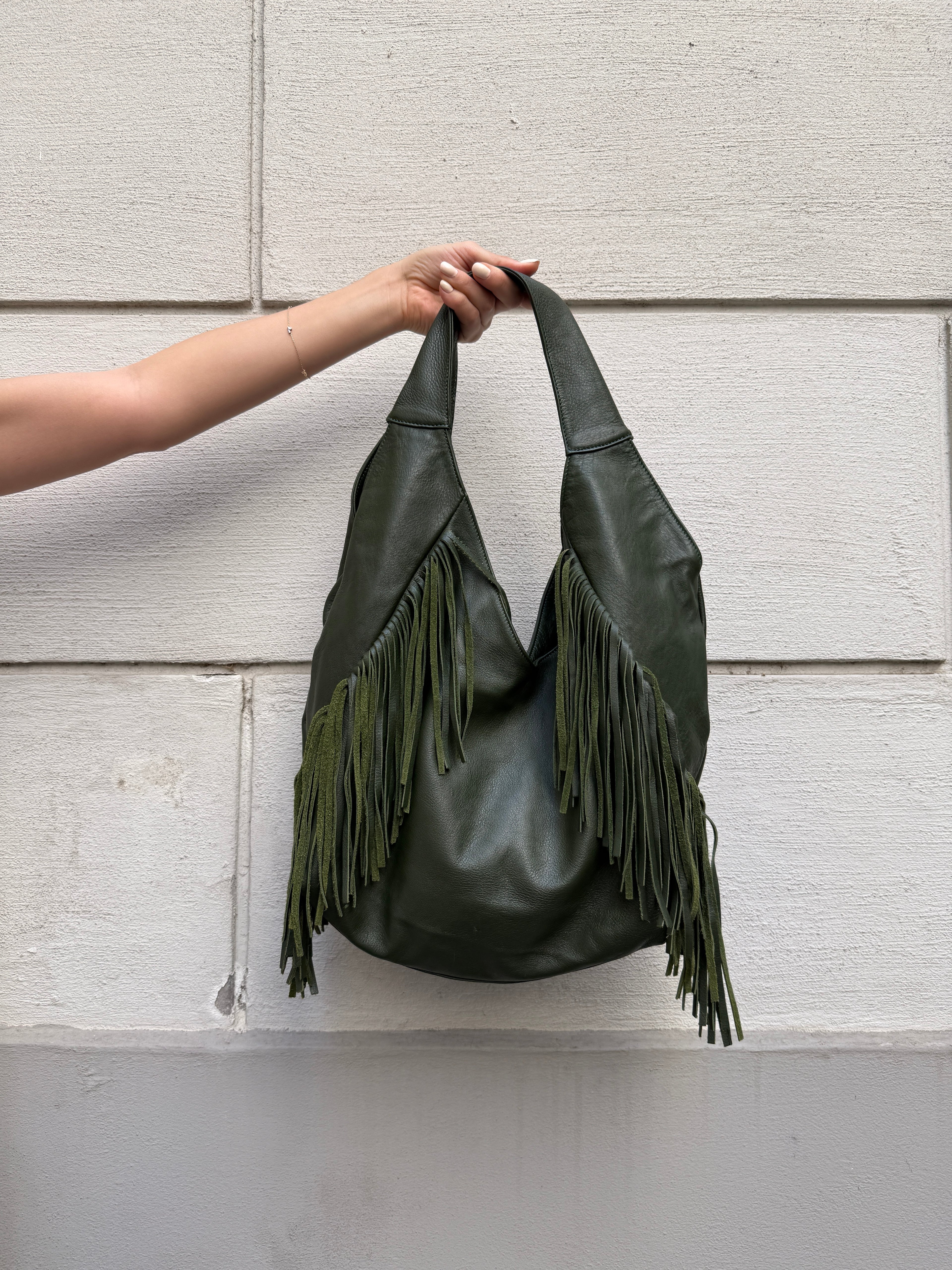 Vintage Dark Green 100% Genuine Leather Fringe Bag