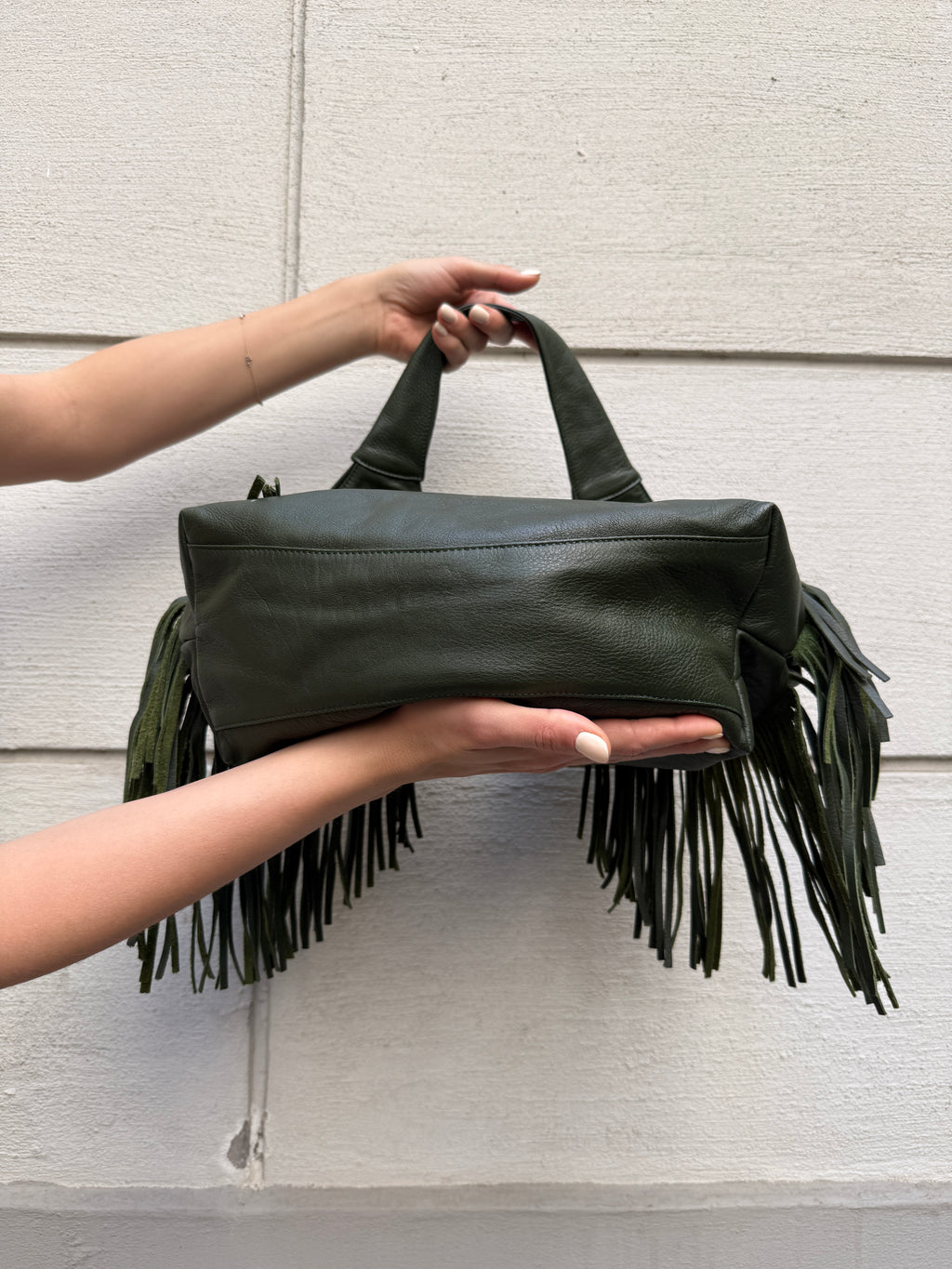 Vintage Dark Green 100% Genuine Leather Fringe Bag