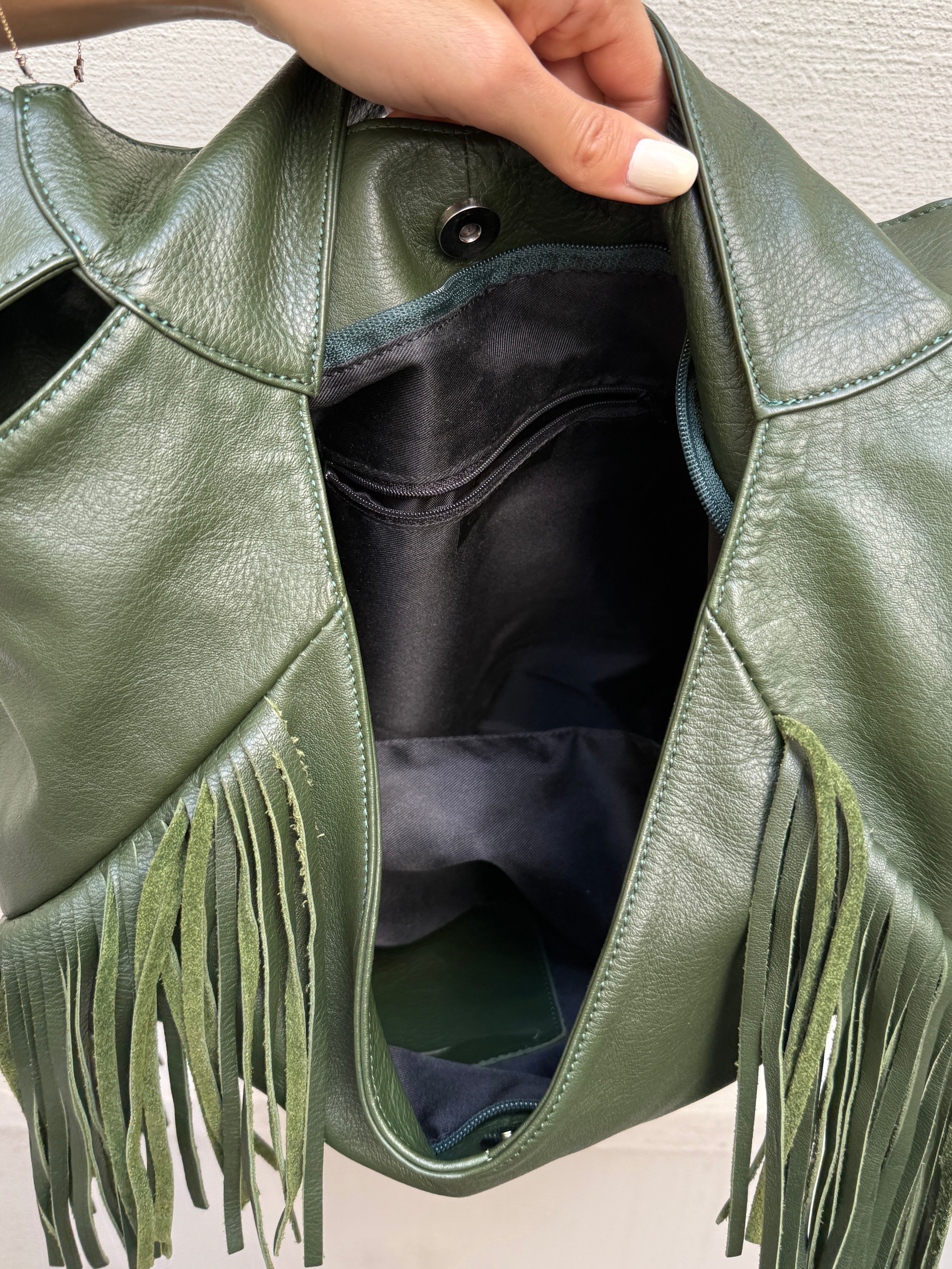 Vintage Dark Green 100% Genuine Leather Fringe Bag