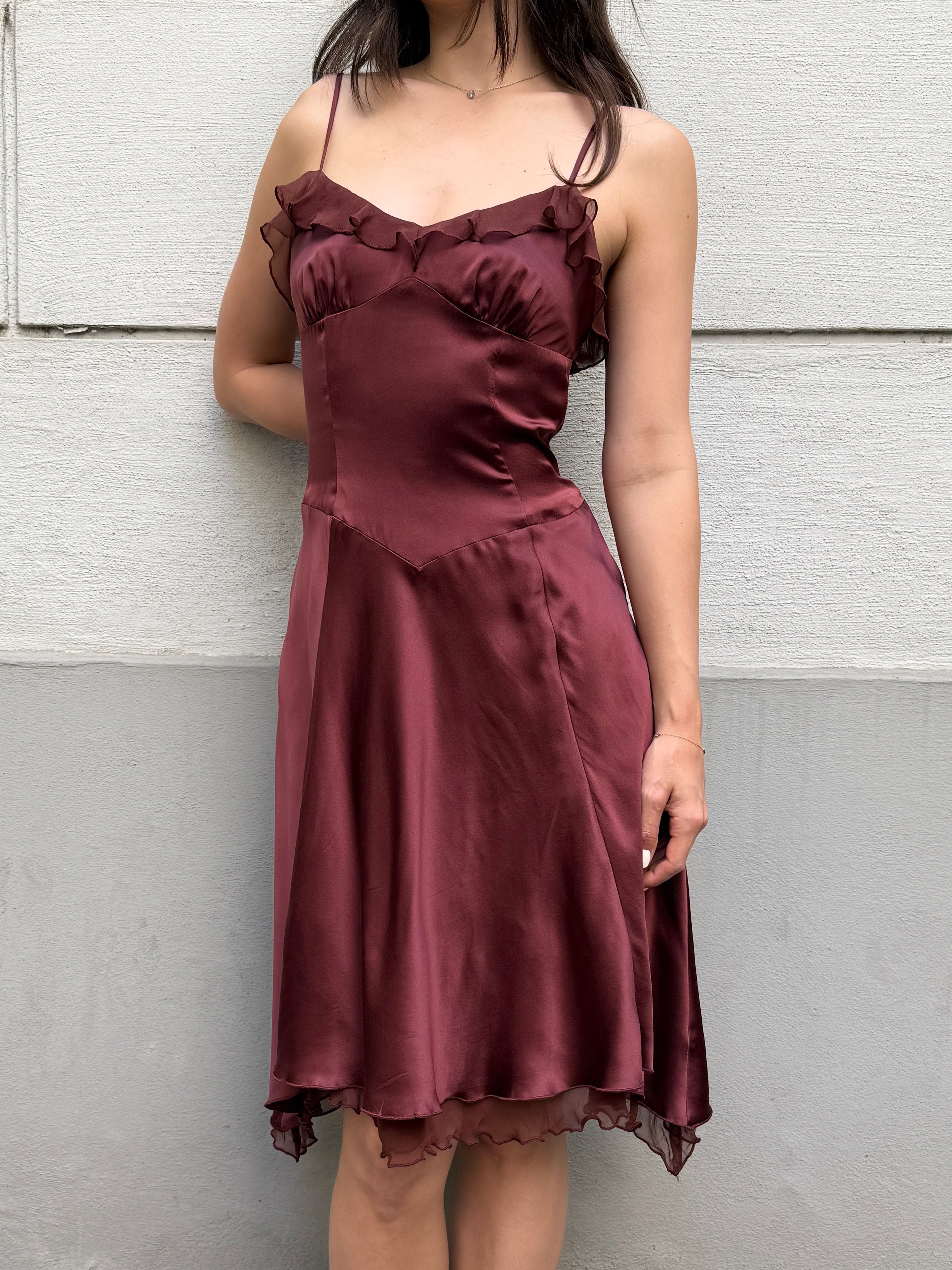 100% Silk Brown Ruffle Dress XS/S