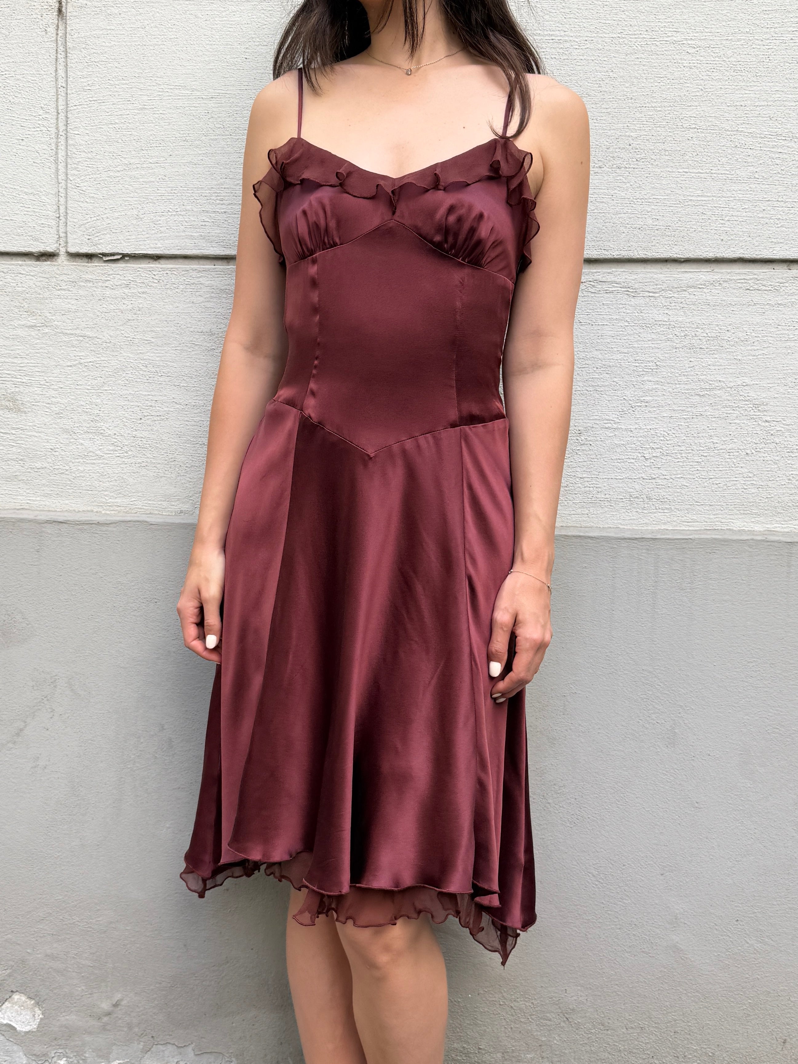 100% Silk Brown Ruffle Dress XS/S