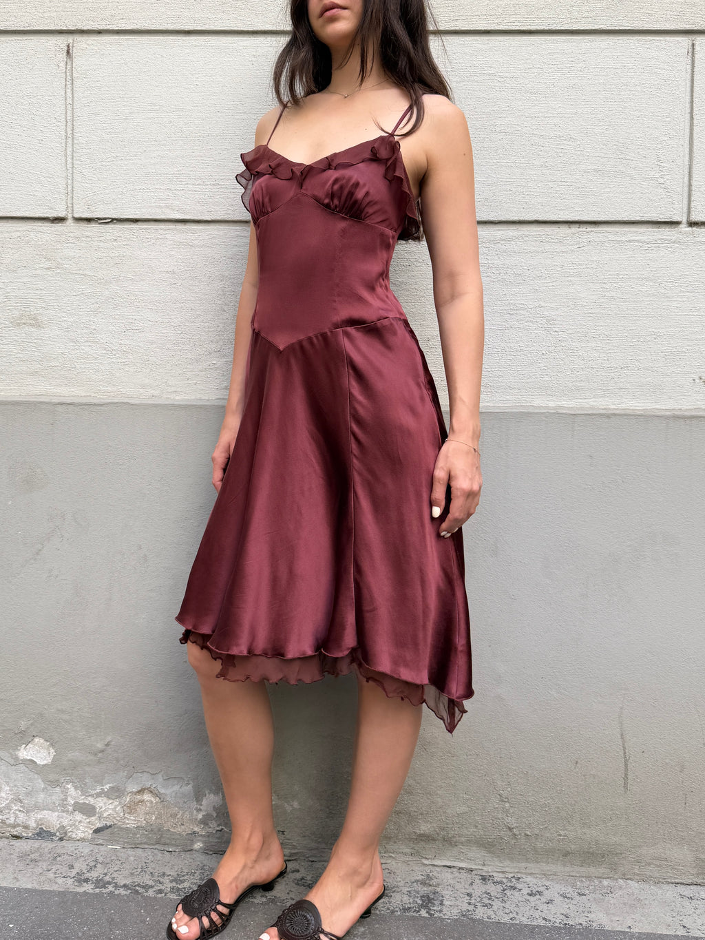 100% Silk Brown Ruffle Dress XS/S