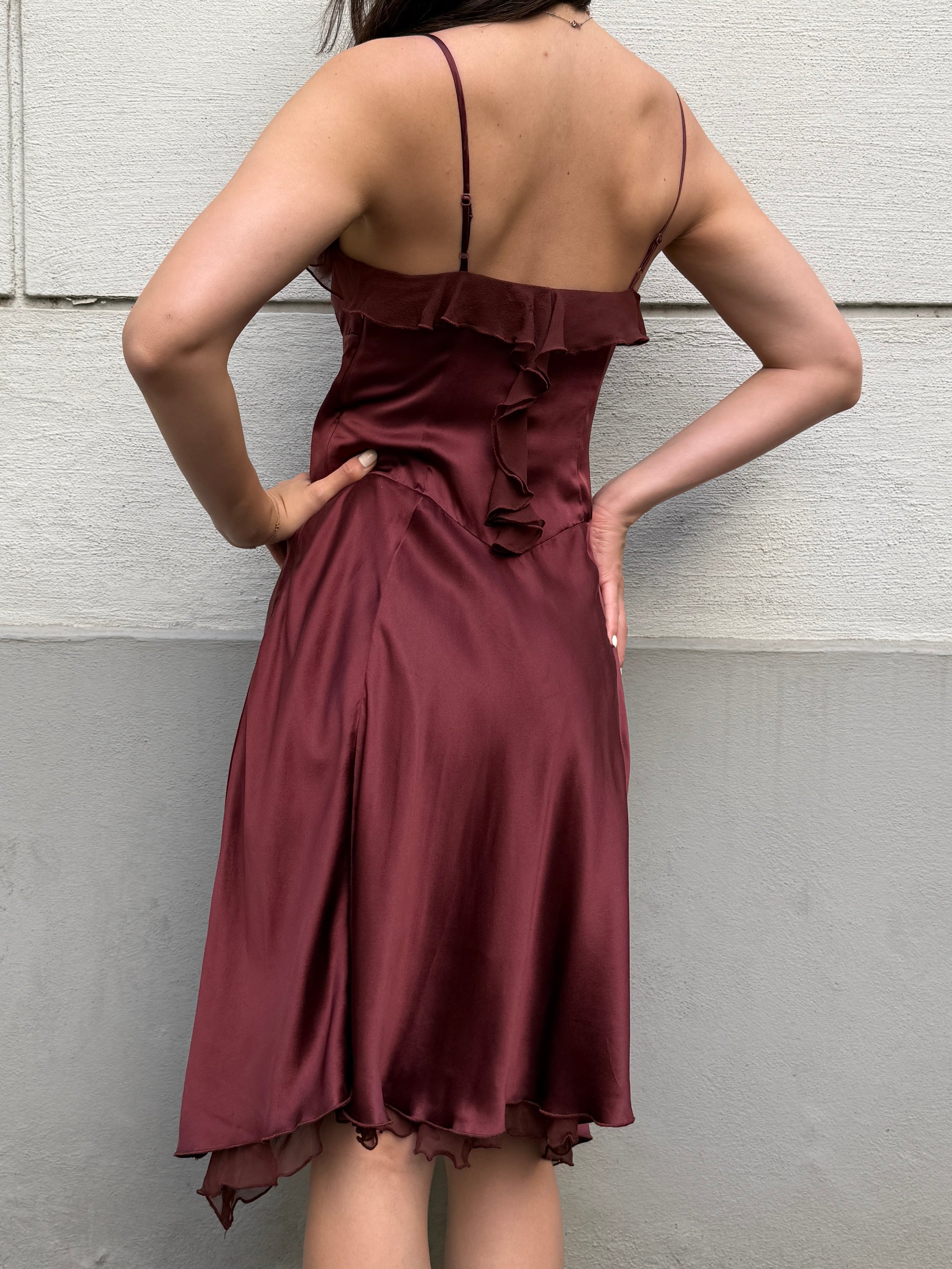 100% Silk Brown Ruffle Dress XS/S