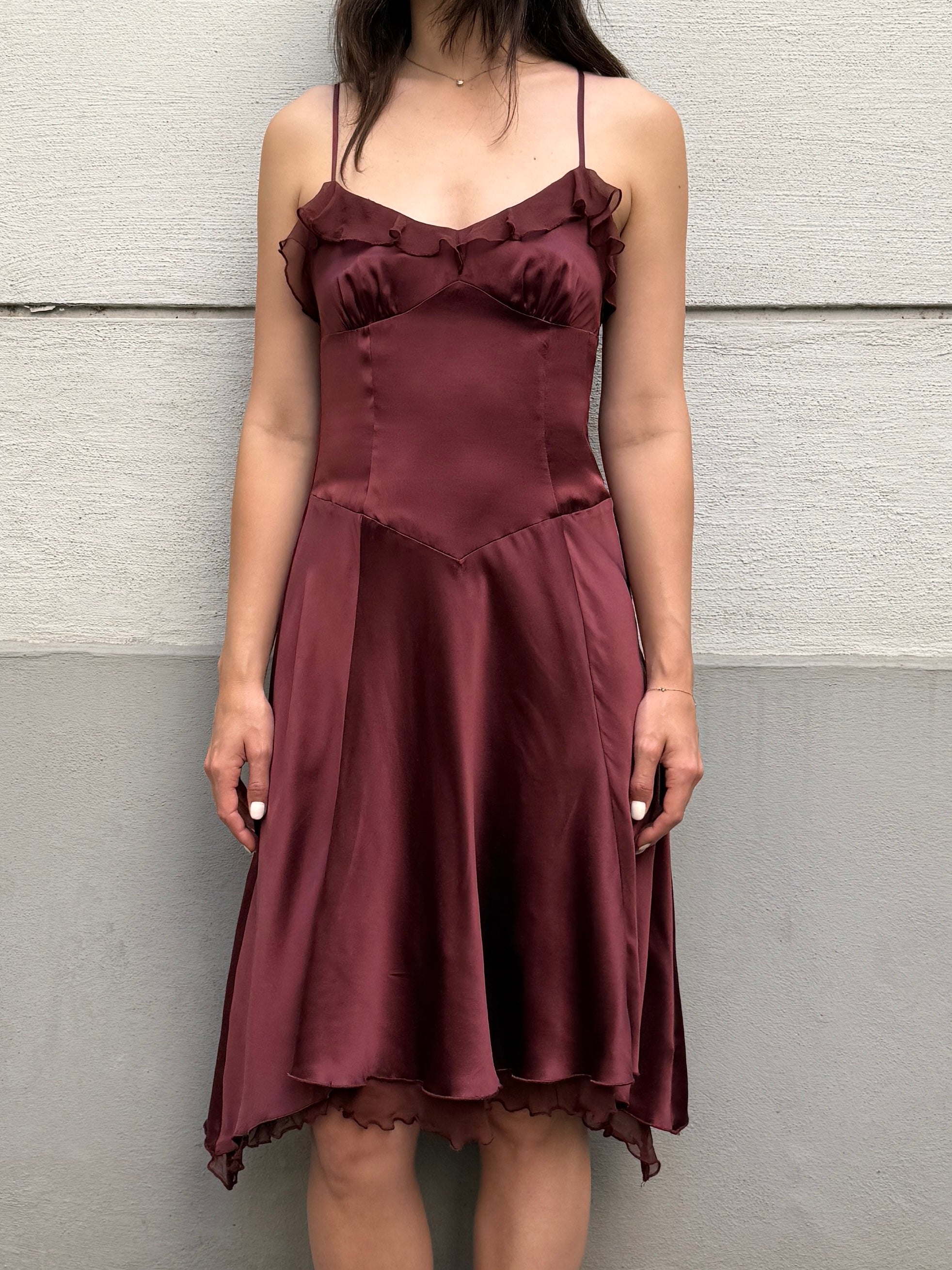 100% Silk Brown Ruffle Dress XS/S