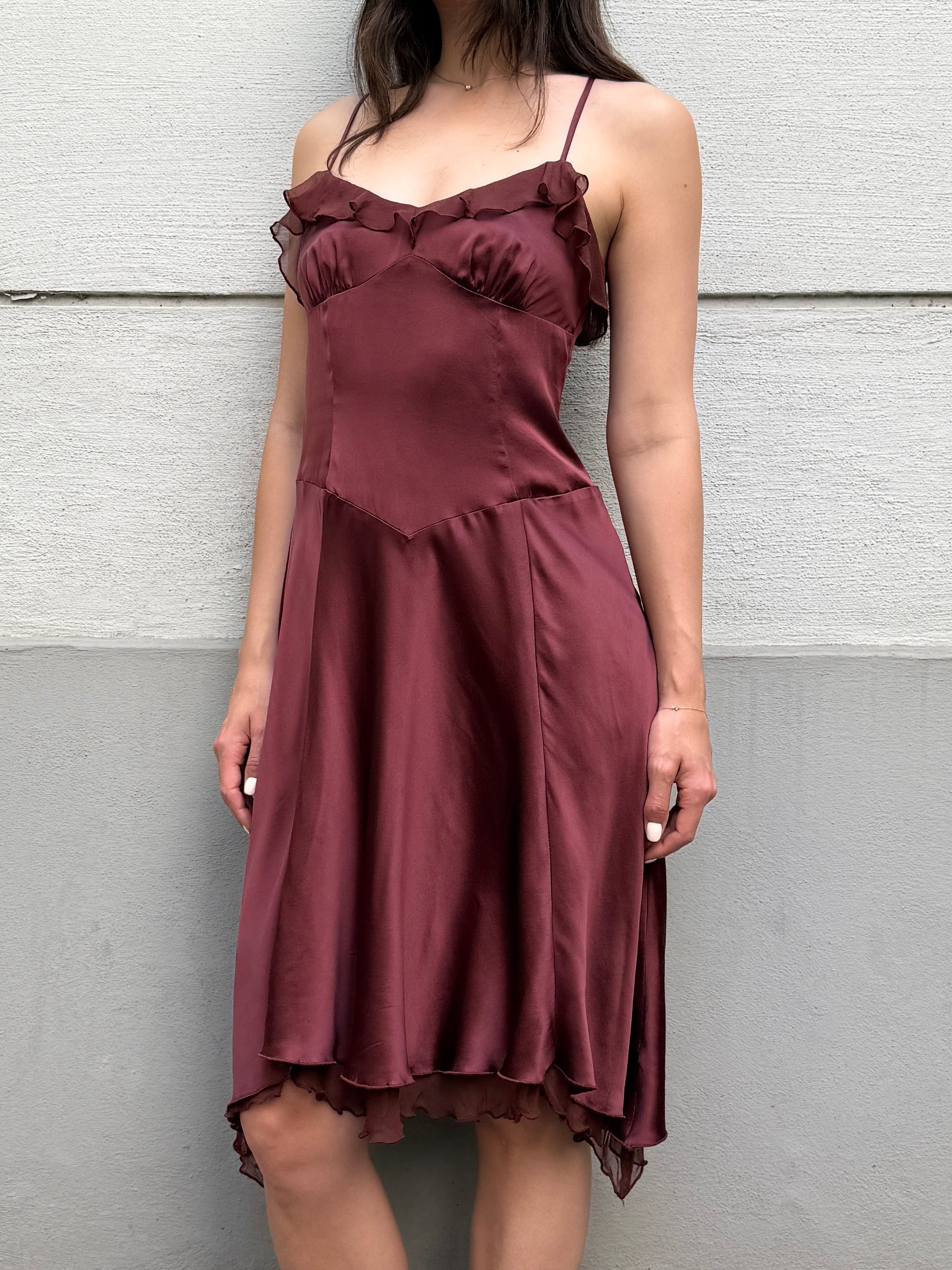 100% Silk Brown Ruffle Dress XS/S