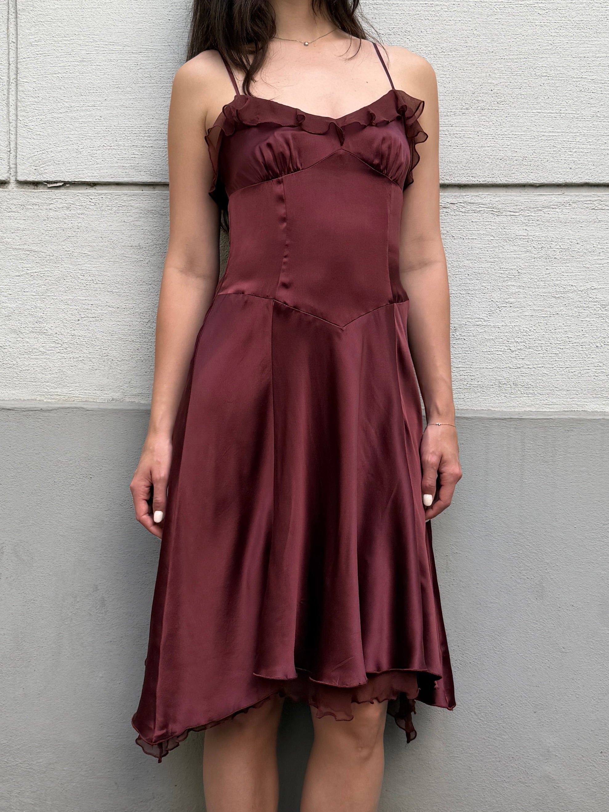 100% Silk Brown Ruffle Dress XS/S