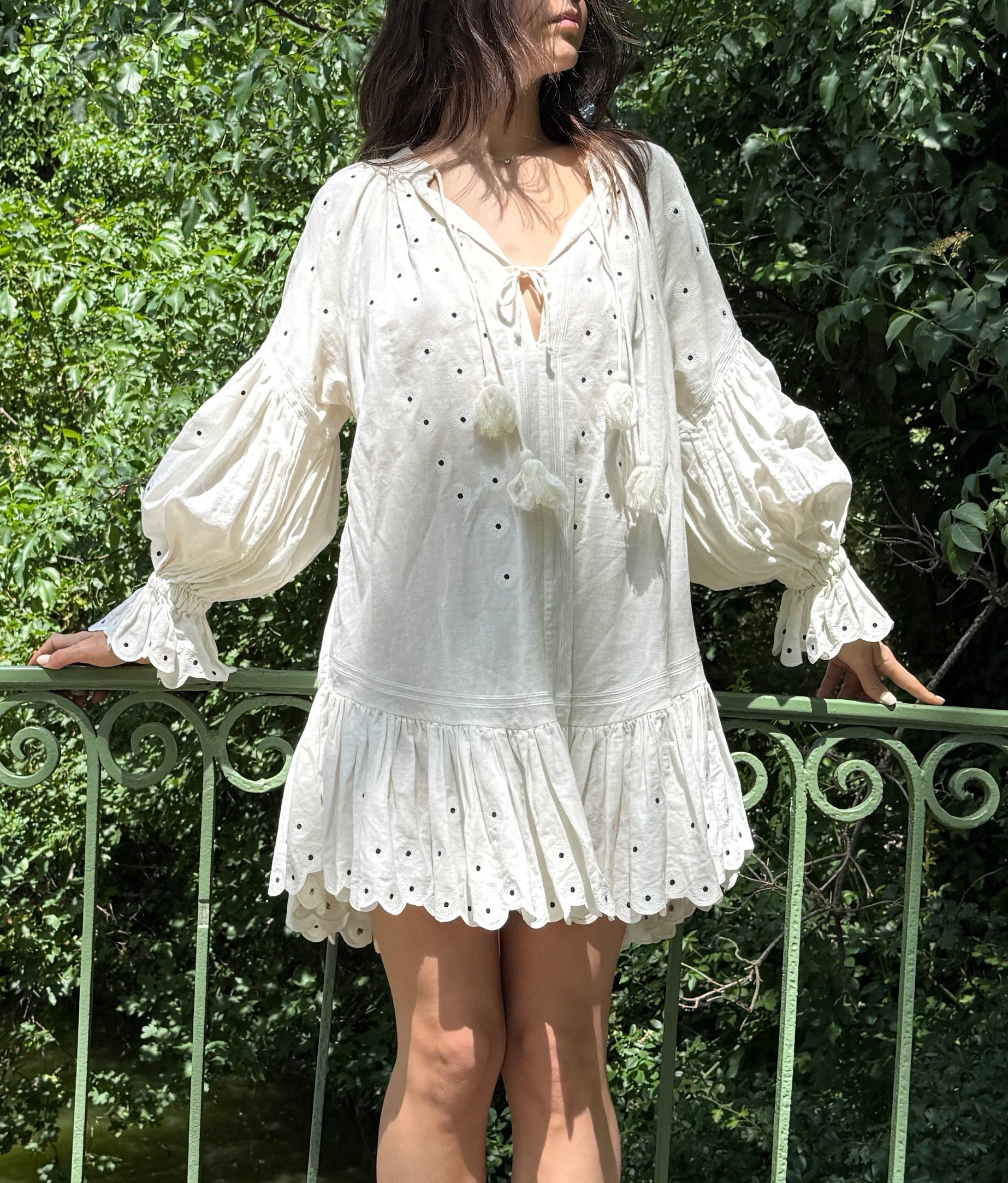 100% Linen White Eyelet Embroidered Dress M