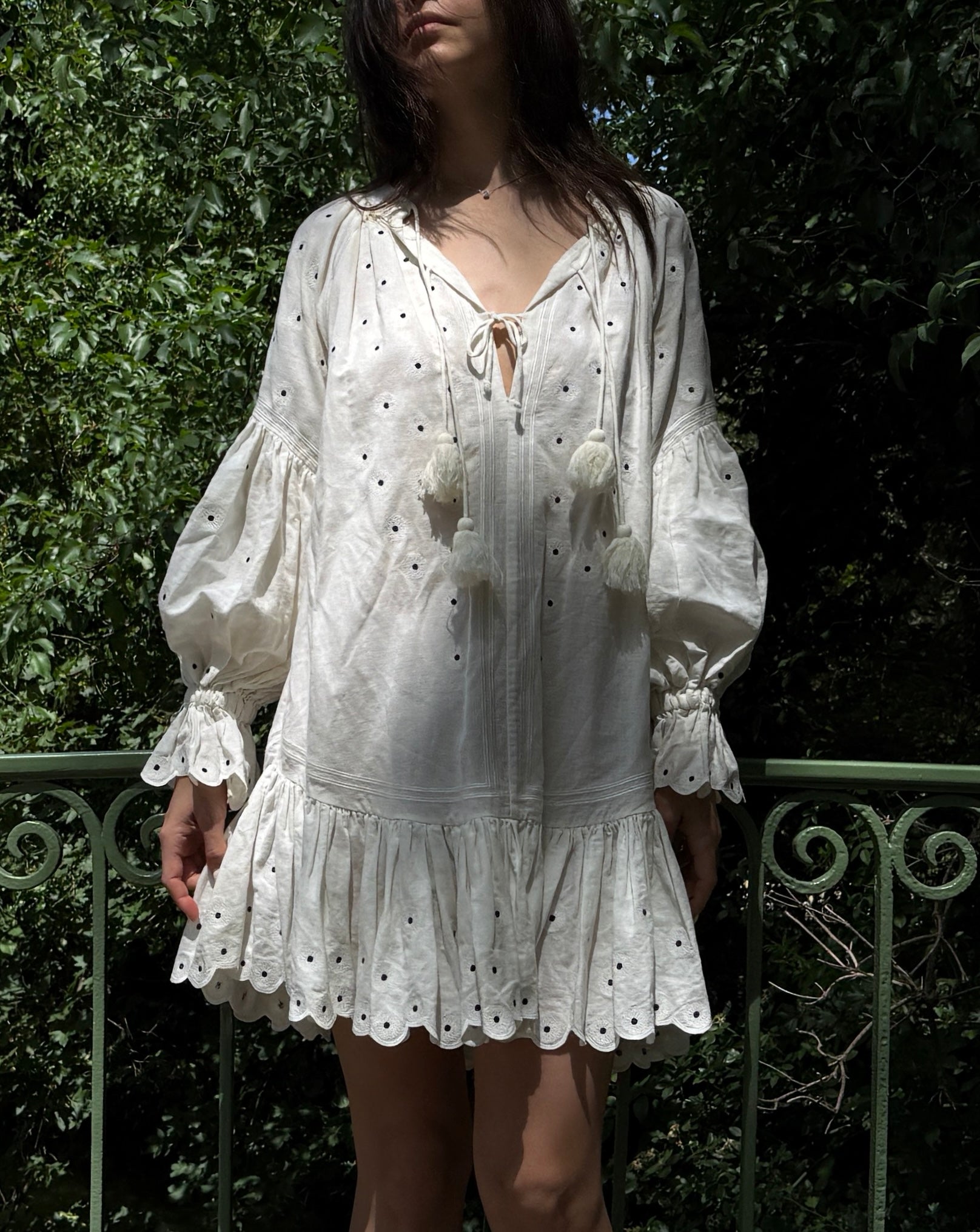 100% Linen White Eyelet Embroidered Dress M