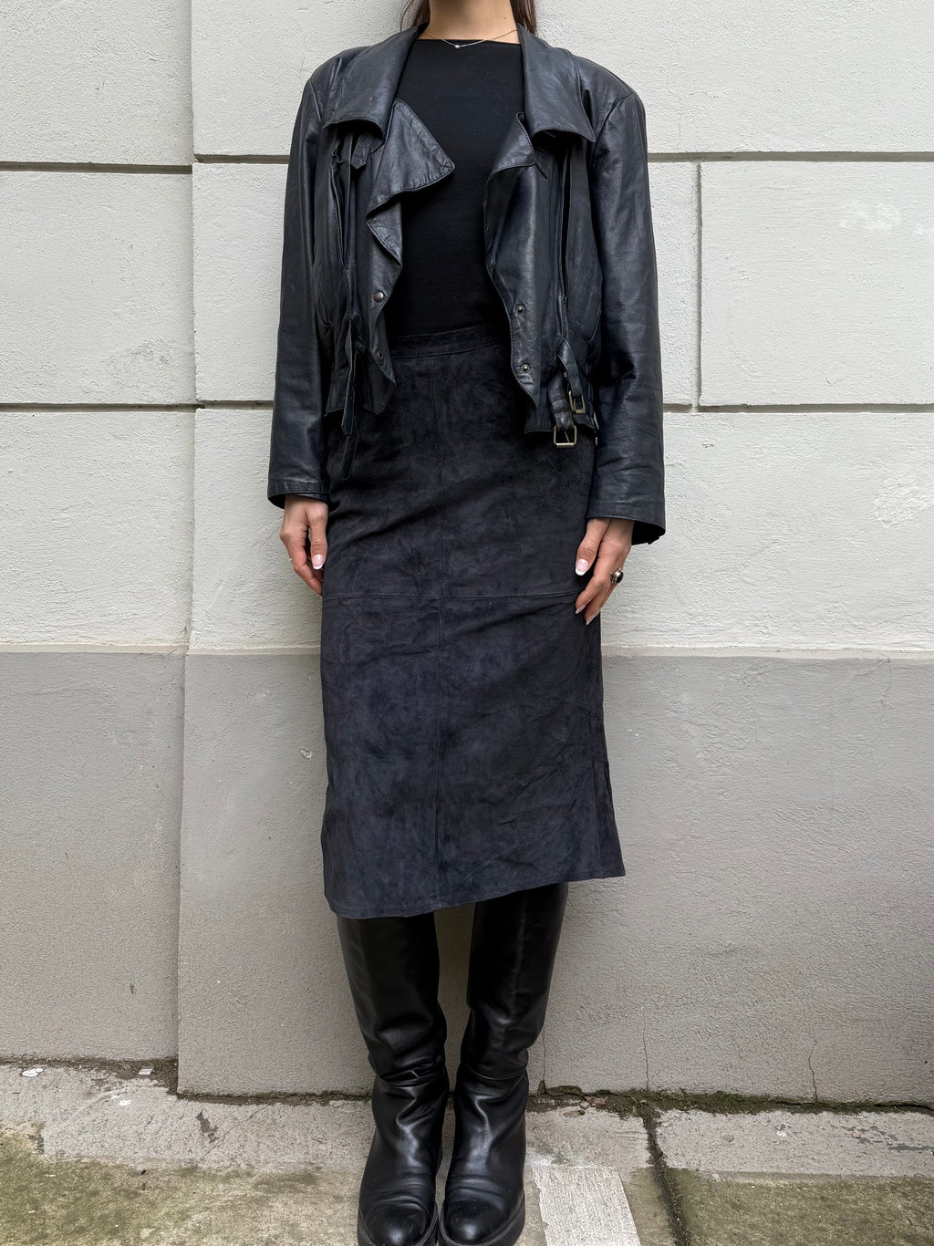 Vintage 100% Genuine Suede Leather Navy Midi Skirt S EU 36