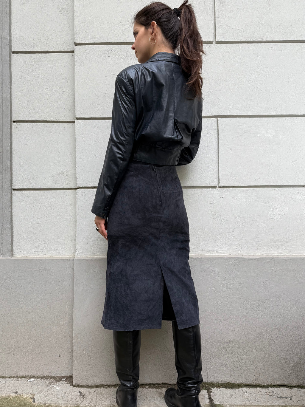 Vintage 100% Genuine Suede Leather Navy Midi Skirt S EU 36