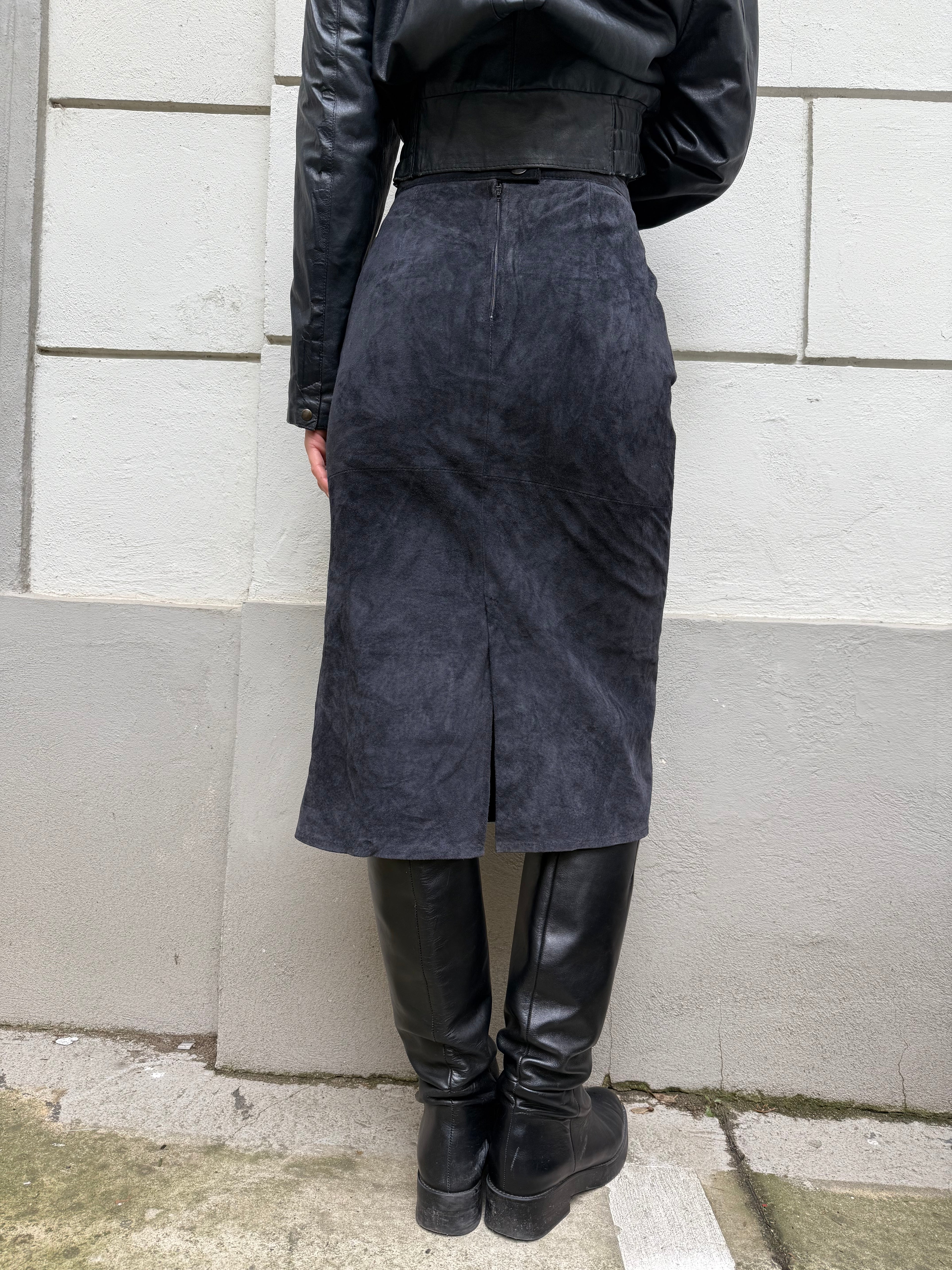 Vintage 100% Genuine Suede Leather Navy Midi Skirt S EU 36