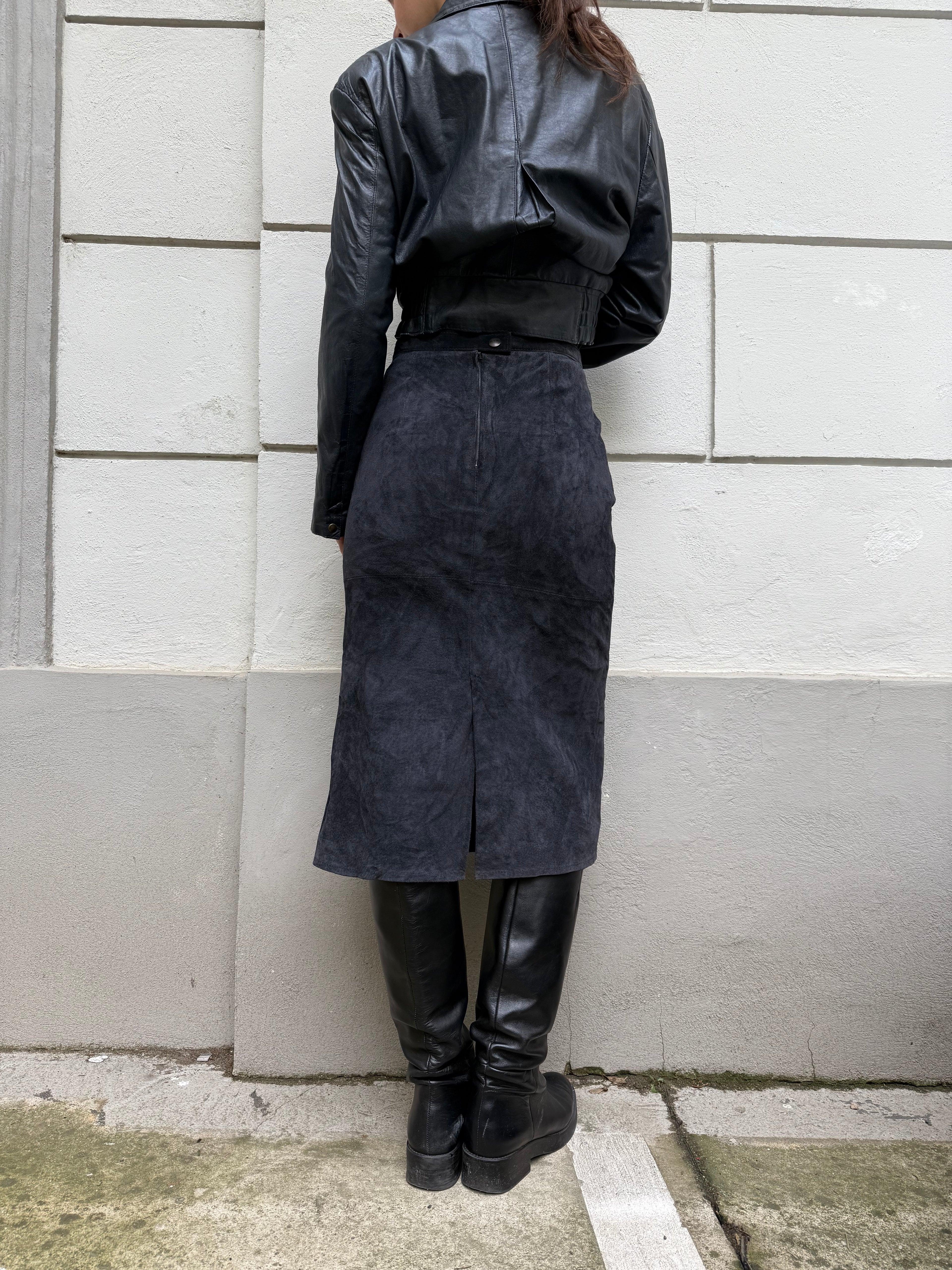 Vintage 100% Genuine Suede Leather Navy Midi Skirt S EU 36