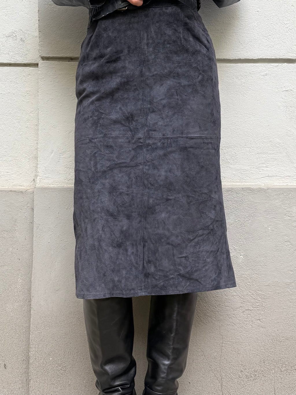Vintage 100% Genuine Suede Leather Navy Midi Skirt S EU 36