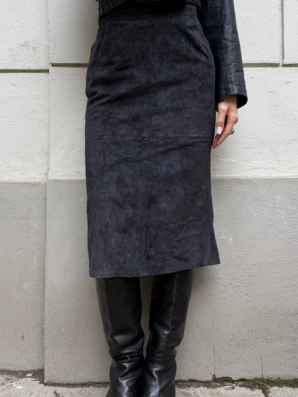 Vintage 100% Genuine Suede Leather Navy Midi Skirt S EU 36