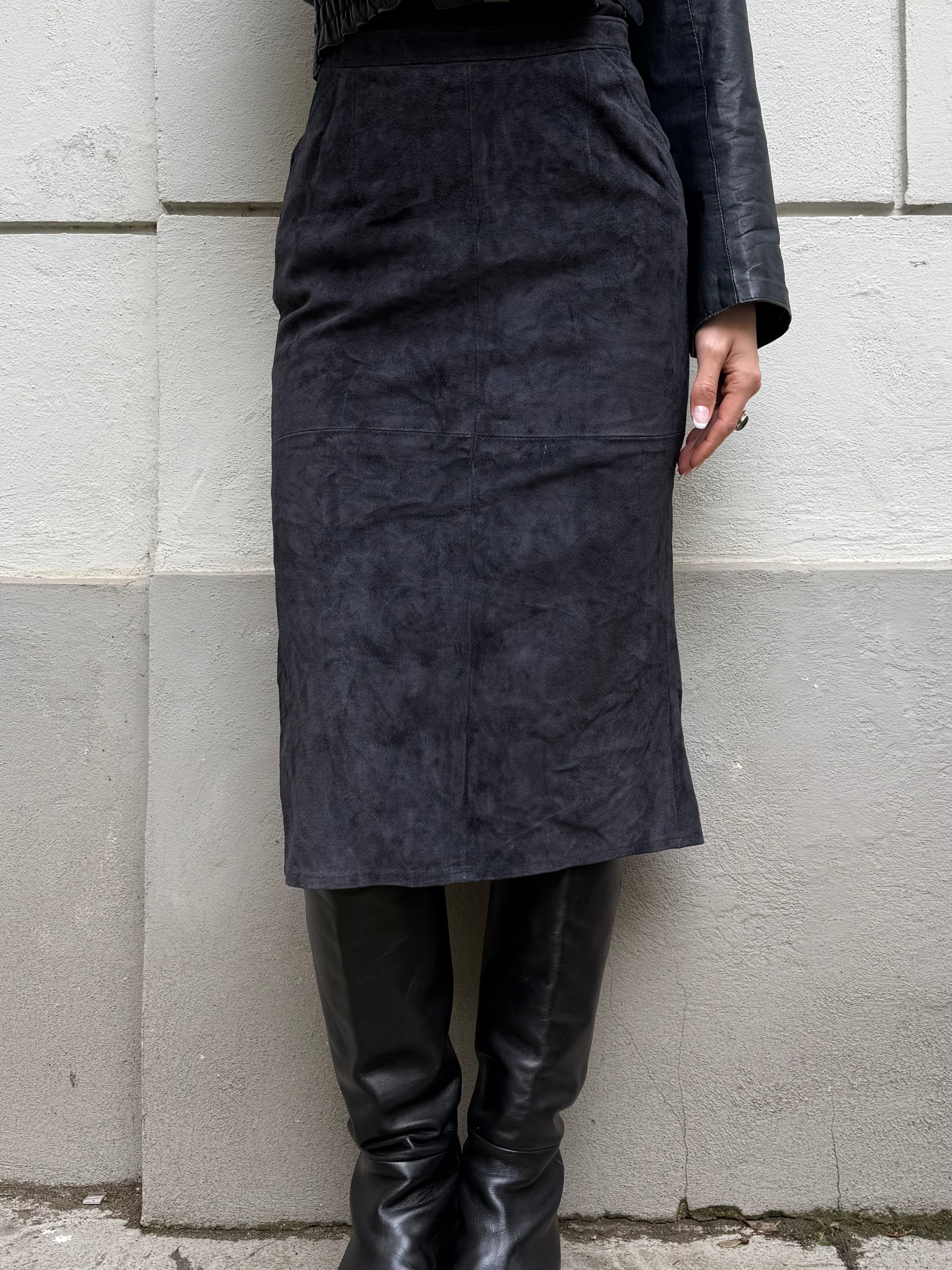Vintage 100% Genuine Suede Leather Navy Midi Skirt S EU 36