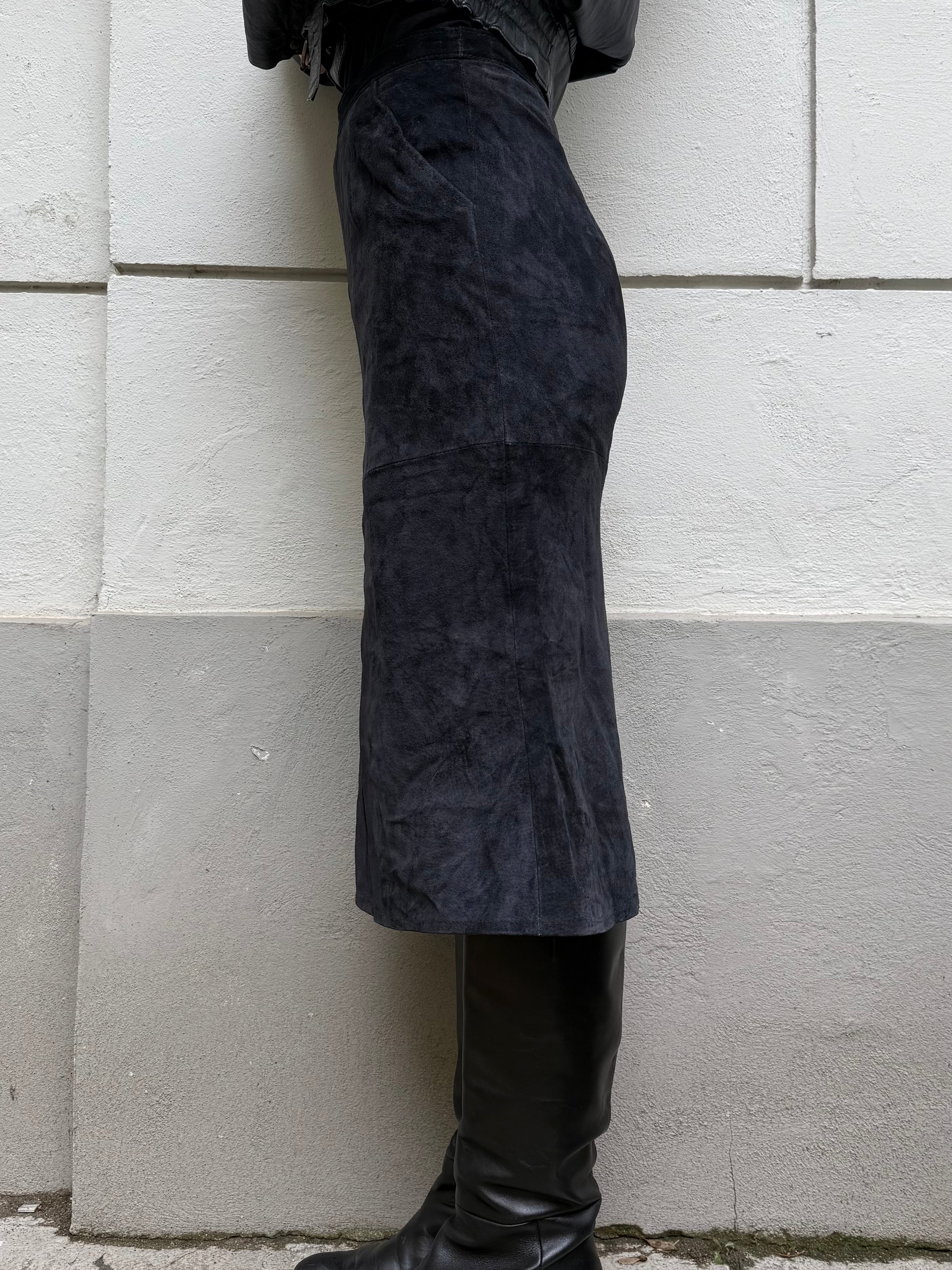 Vintage 100% Genuine Suede Leather Navy Midi Skirt S EU 36