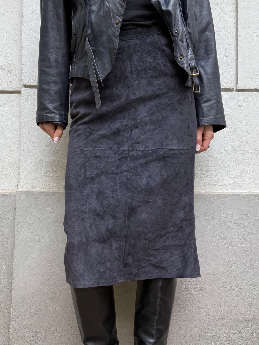 Vintage 100% Genuine Suede Leather Navy Midi Skirt S EU 36