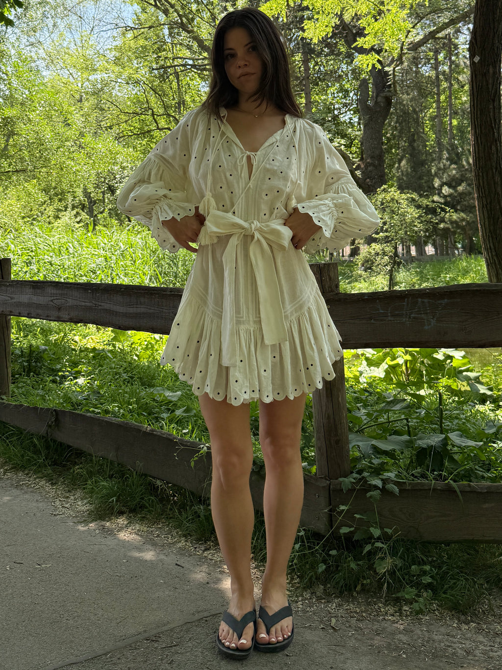 100% Linen White Eyelet Embroidered Dress M