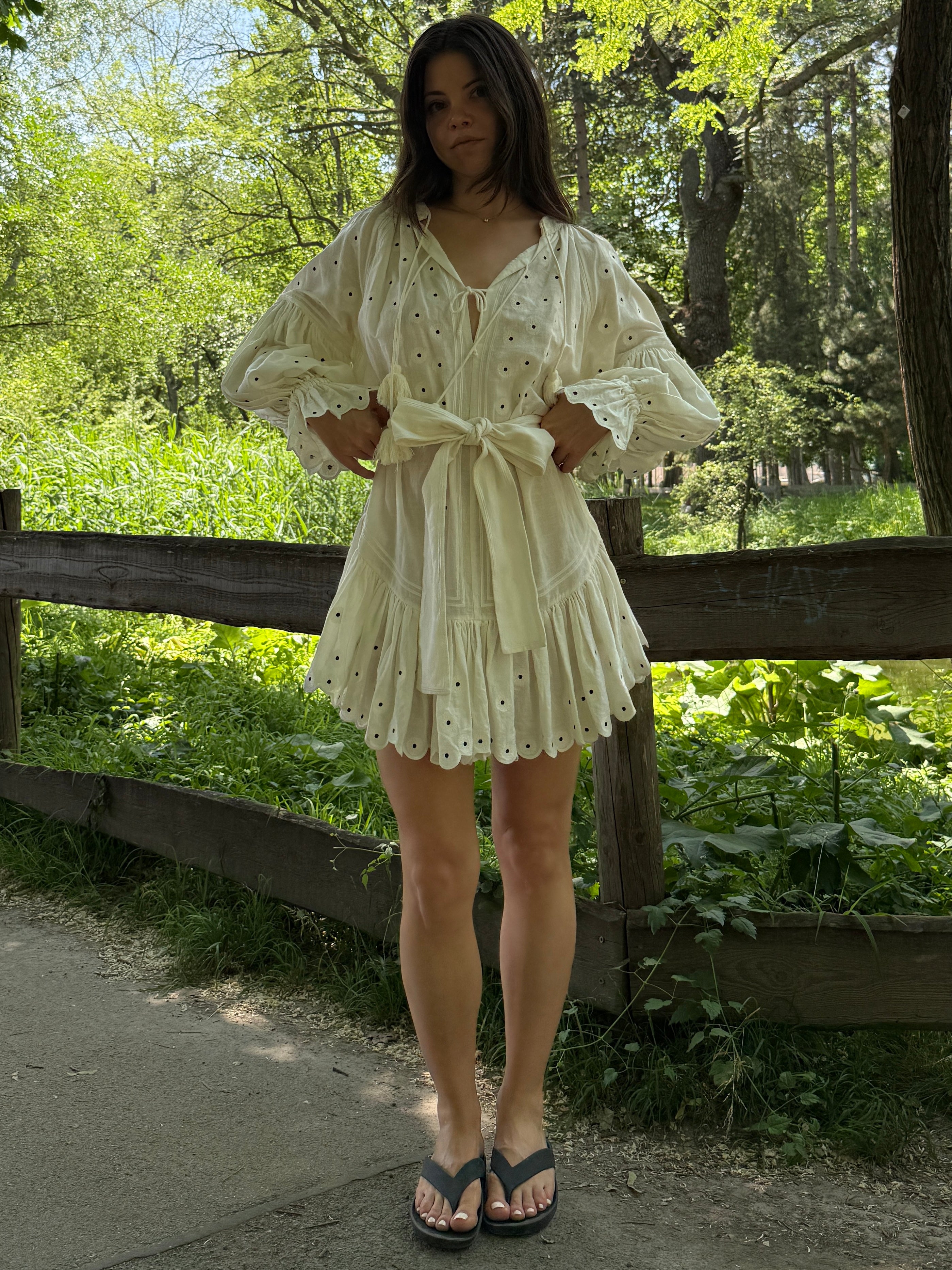 100% Linen White Eyelet Embroidered Dress M