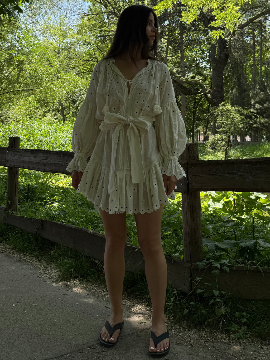 100% Linen White Eyelet Embroidered Dress M