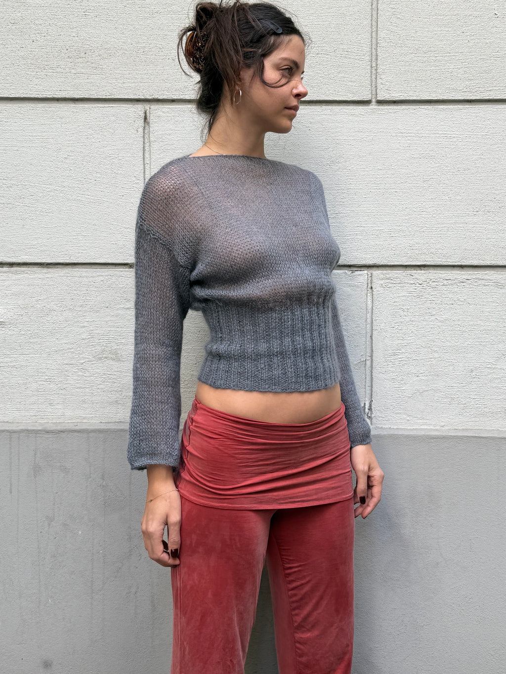 Hand Knit Mohair & Wool Gray Sweater S