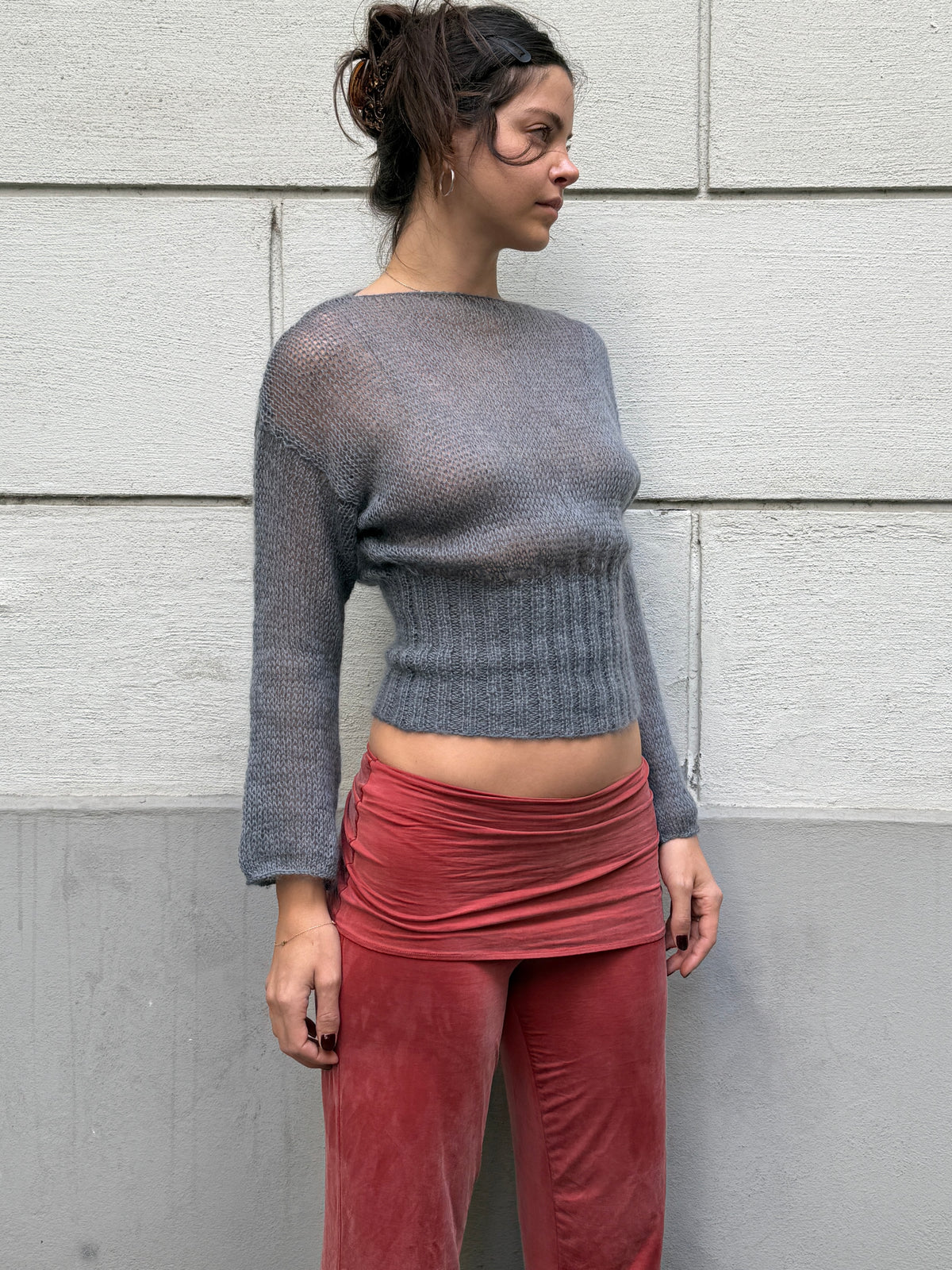 Hand Knit Mohair & Wool Gray Sweater S