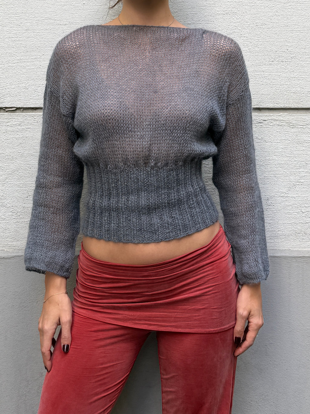 Hand Knit Mohair & Wool Gray Sweater S