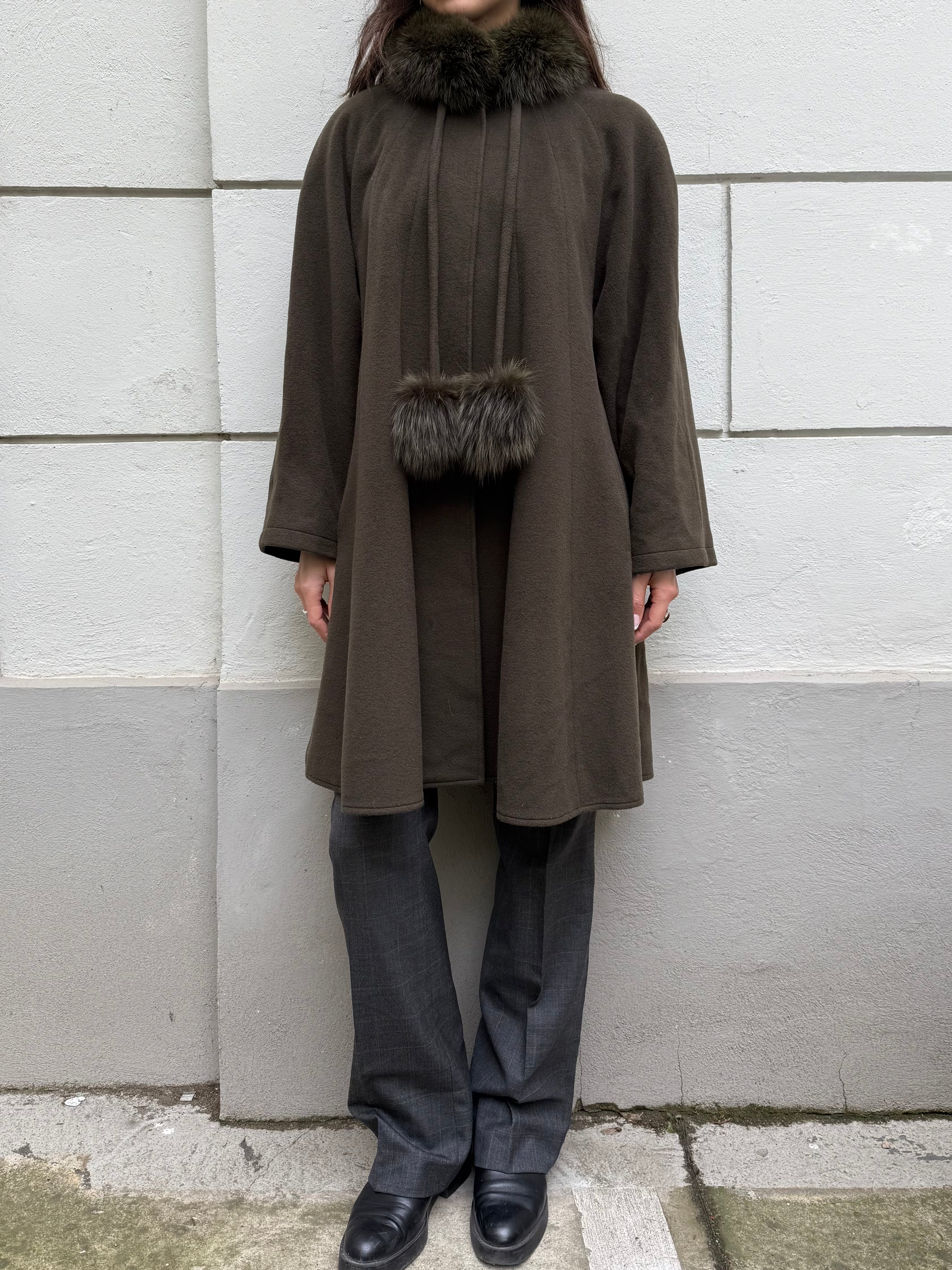 Vintage Wool & Cashmere Dark Olive Green Real Fox Fur Trim/Pompoms Coat M/L