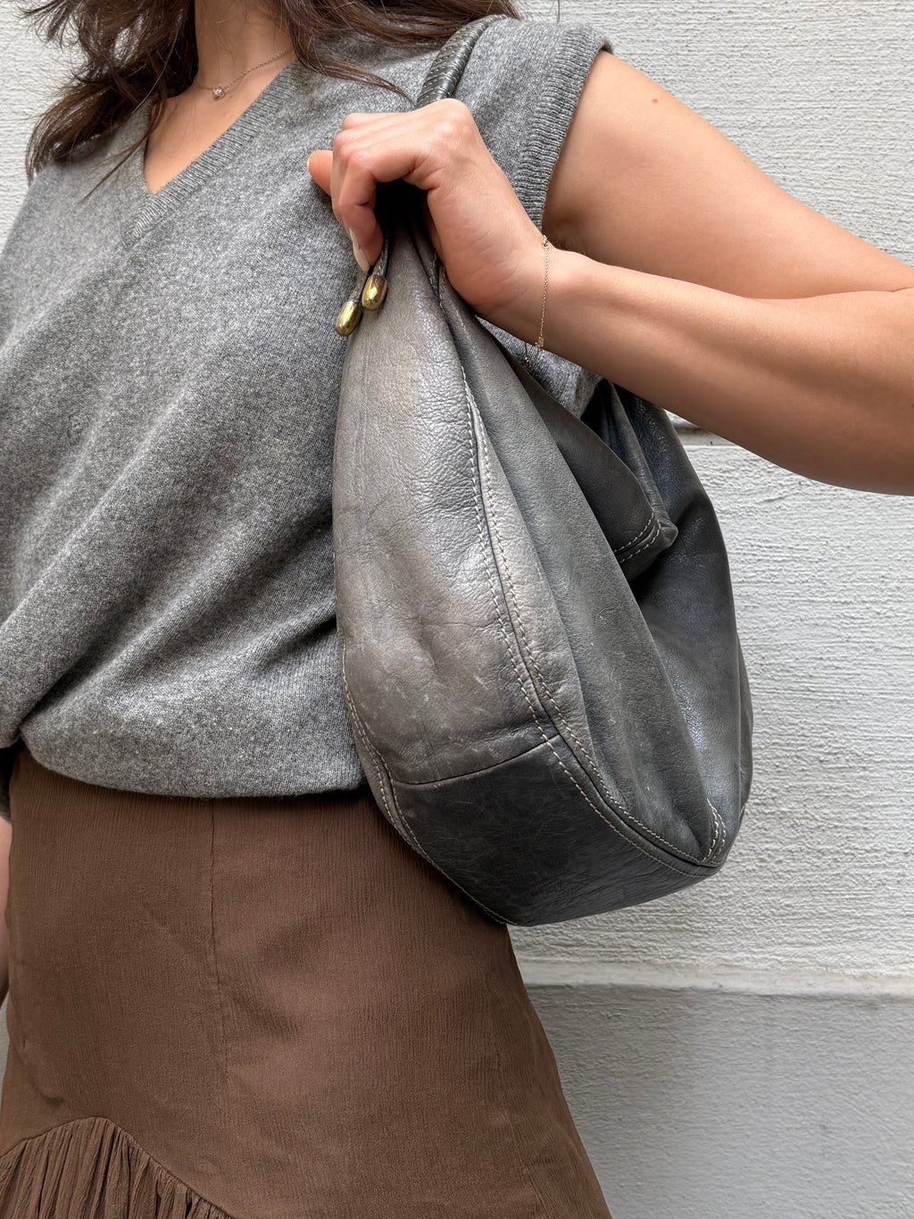 Vintage 100% Genuine Leather Light Blue/Gray Faded Bag