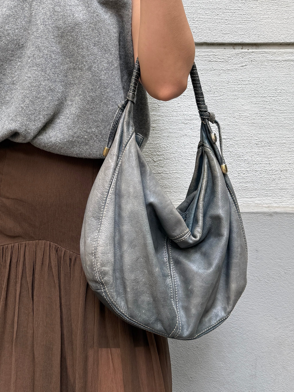 Vintage 100% Genuine Leather Light Blue/Gray Faded Bag