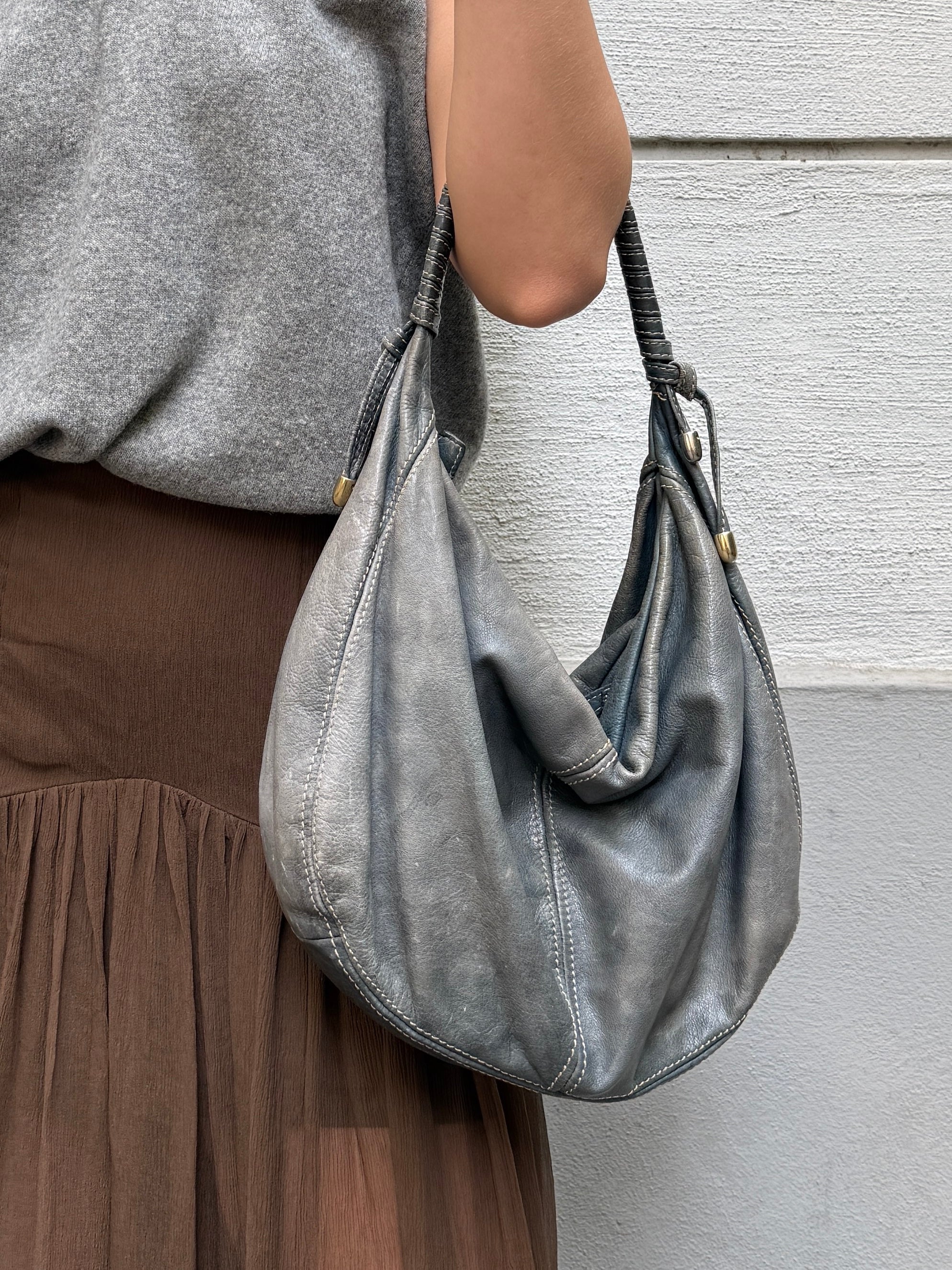 Vintage 100% Genuine Leather Light Blue/Gray Faded Bag