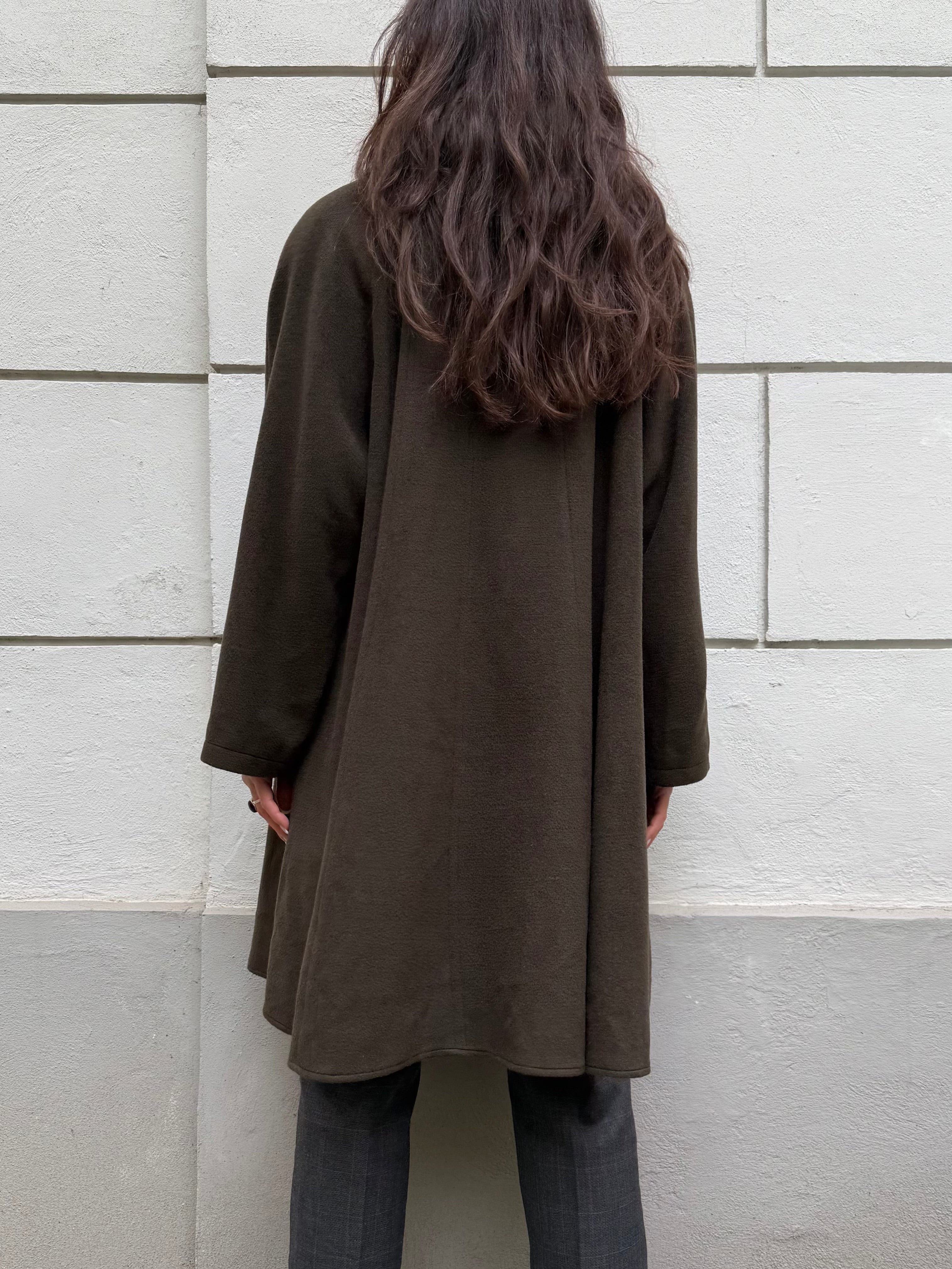 Vintage Wool & Cashmere Dark Olive Green Real Fox Fur Trim/Pompoms Coat M/L