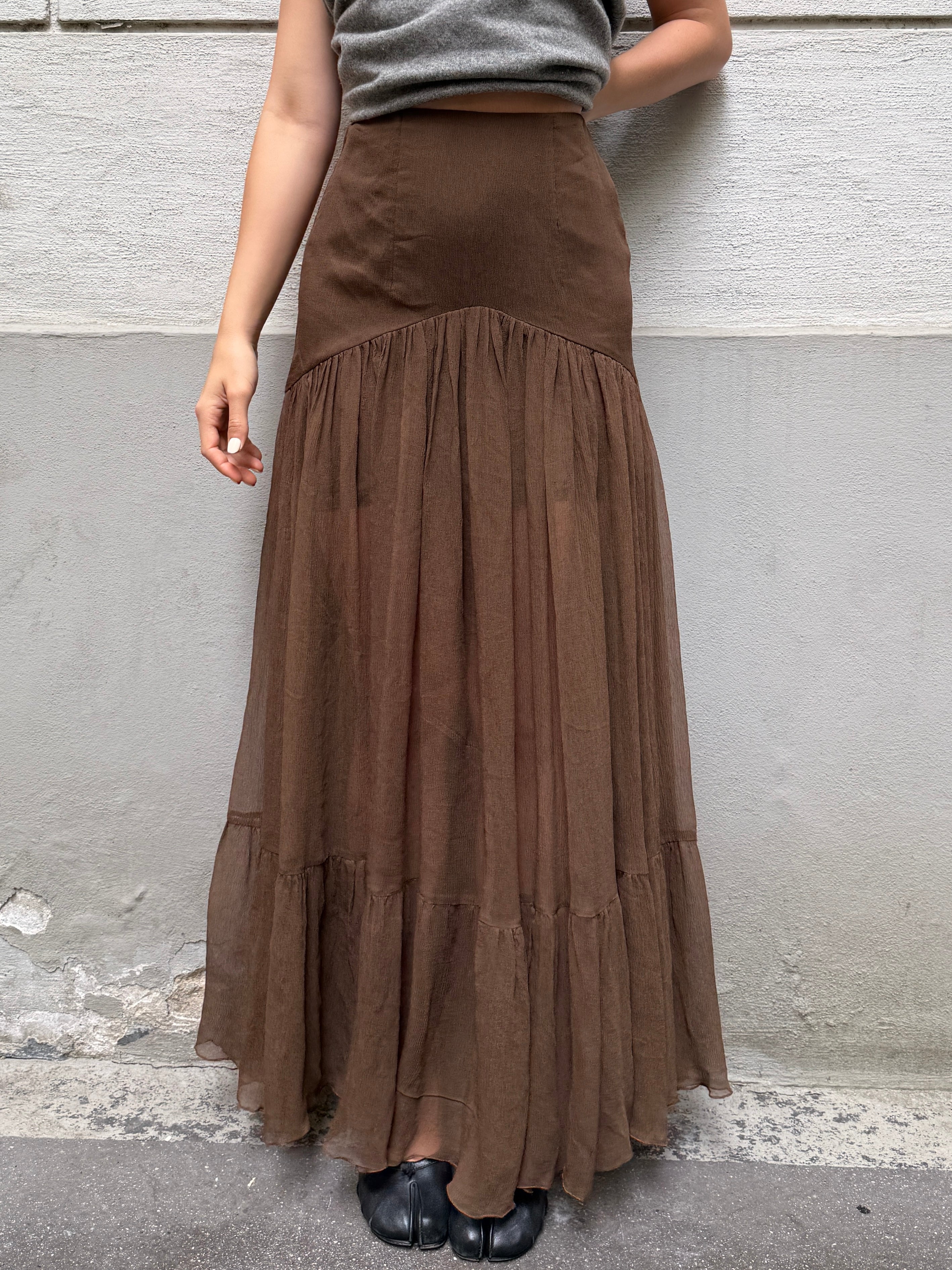 Vintage 100% Silk Georgette Brown Maxi Skirt XS