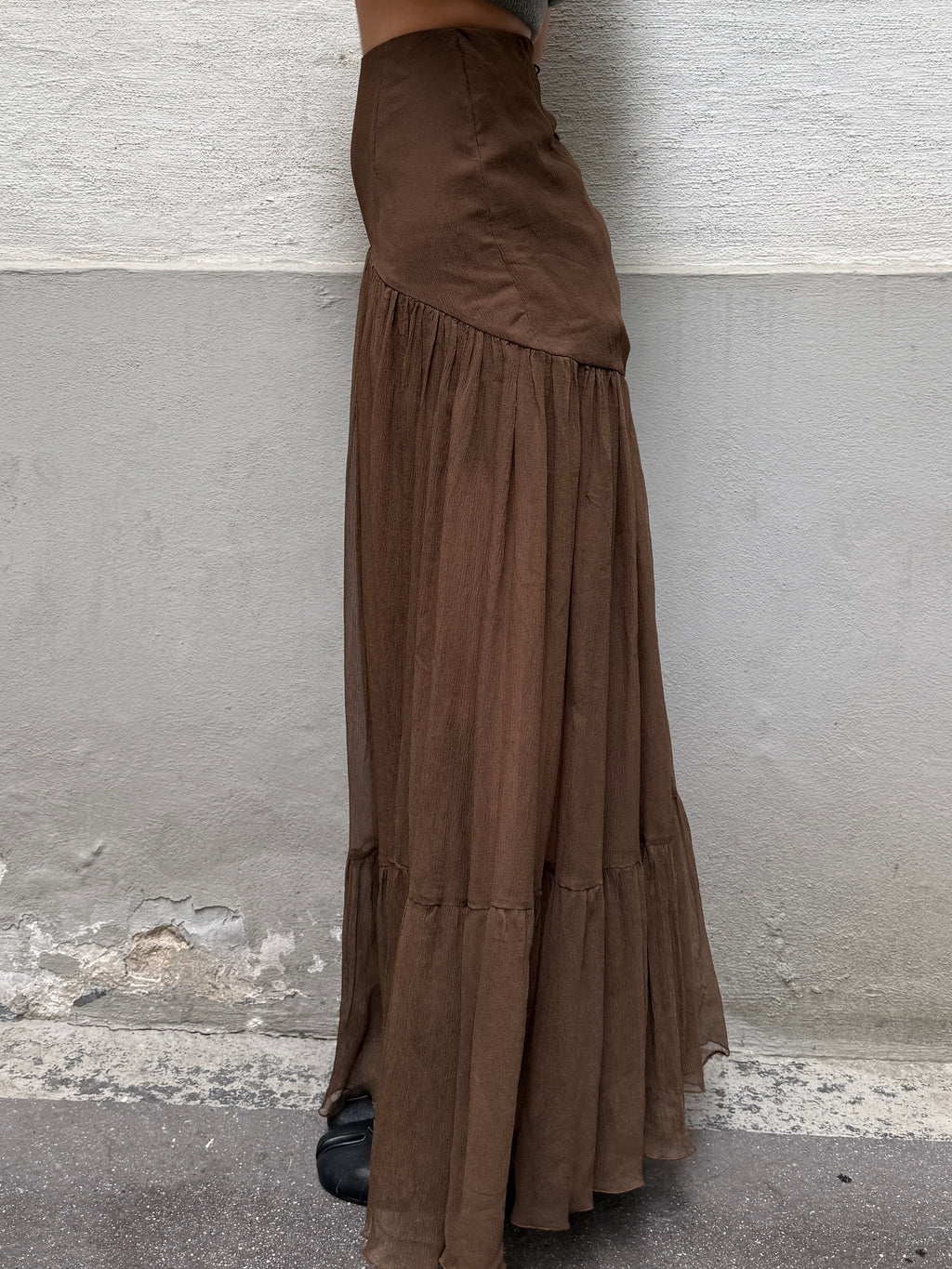 Vintage 100% Silk Georgette Brown Maxi Skirt XS