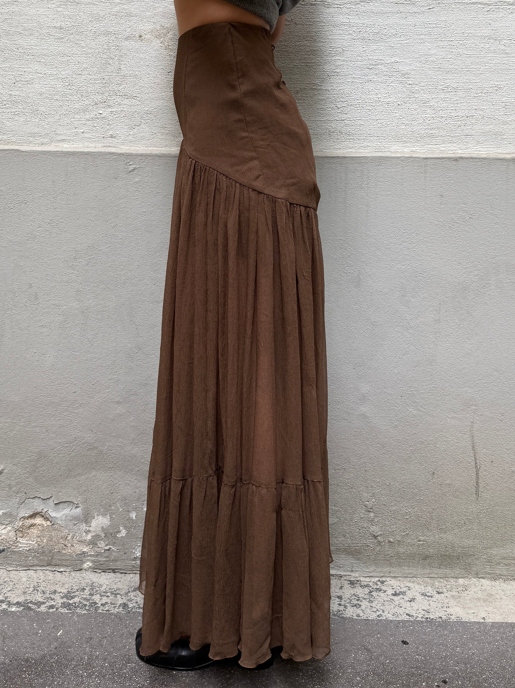 Vintage 100% Silk Georgette Brown Maxi Skirt XS